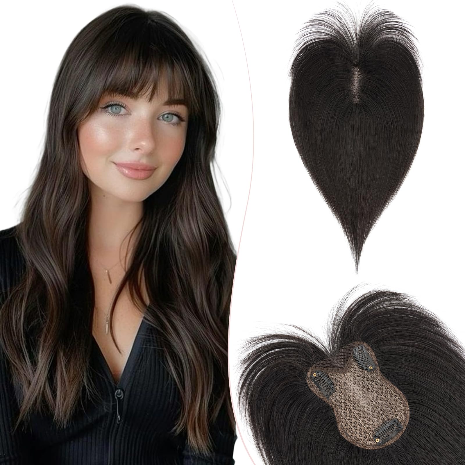 Silk-co 27cm Prótesis Capilar Mujer Pelo Natural Superior Craftsmanship Clip Toupee con Flequillo Postizo 21g 100% Cabello Humano Remy Hair Extensiones de Topper Encaje 8cm*11cm #1B Negro Natural