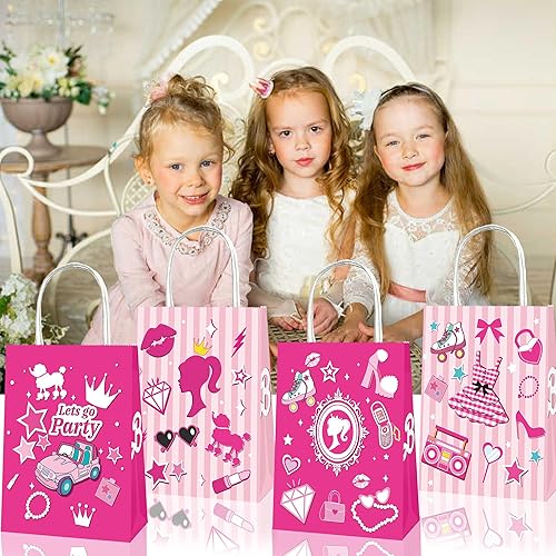 Miniatura 6 de 25 bolsas de regalo rosadas, bolsas de regalo de princesa, dulces, golosinas, bolsas de recuerdos de fiesta rosa intenso con asas para niñas, bolsas