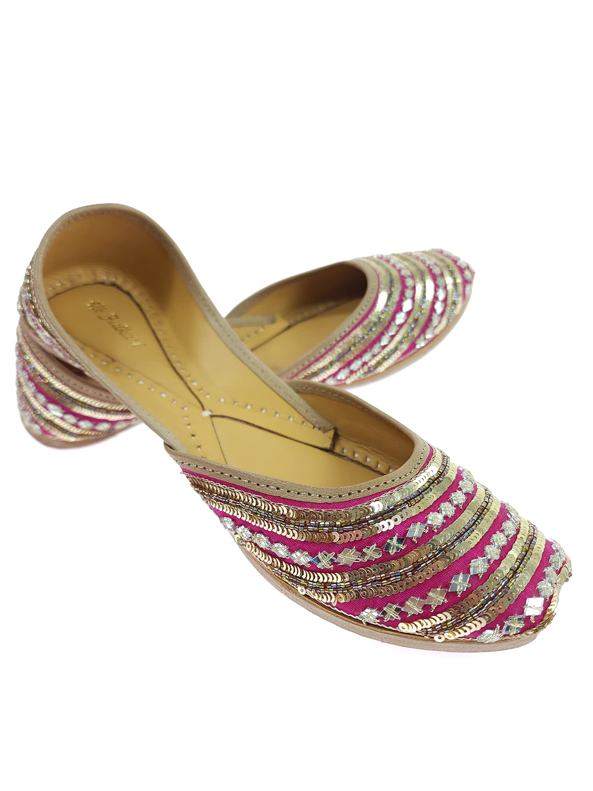 Women's Mirror Gold Genuine Soft Leather Embroidered Jutis | Bite and Pinch Free Jutti | Punjabi Formal Juttis | Girl's Wedding Flat Ladies Mojari | Formal Ethnic Juti |-image-27