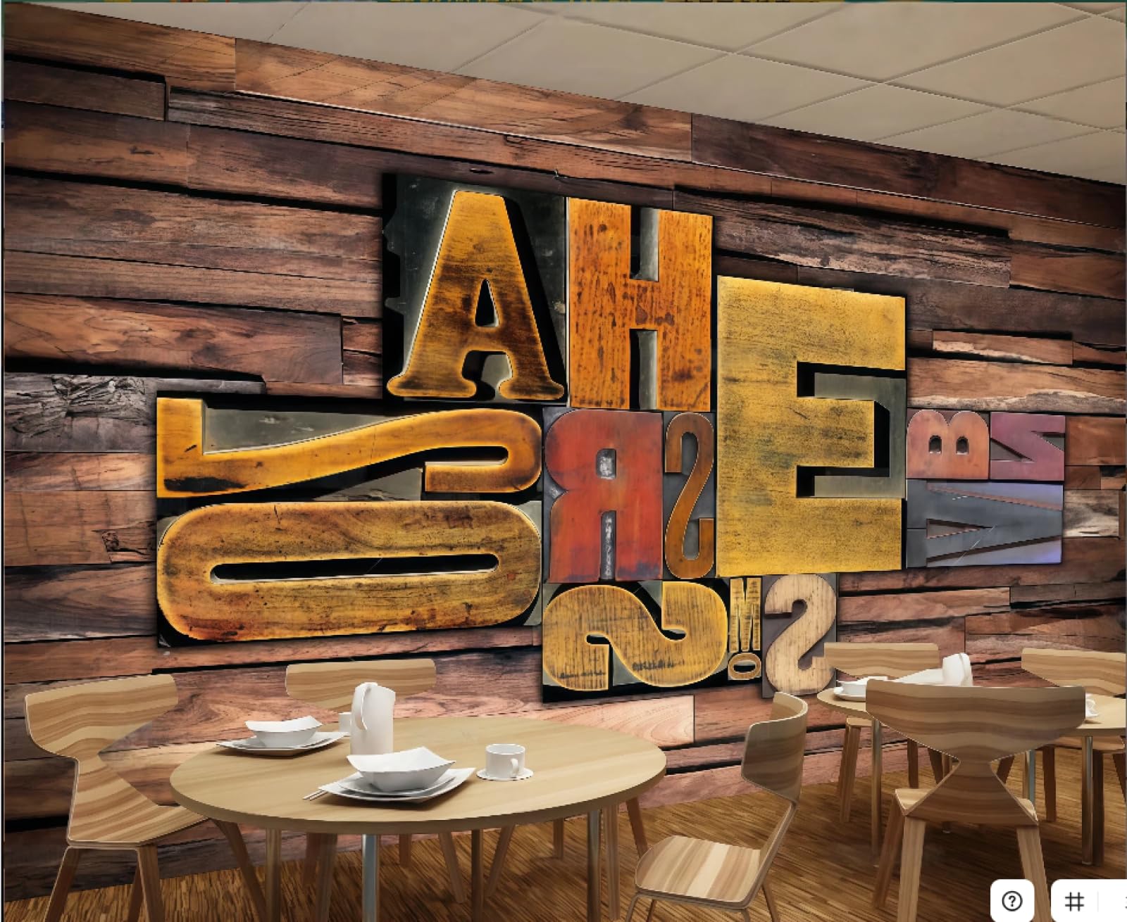 XDOUBAO Wallpaper Retro Three-Dimensional Letters Colorful Wooden Strips Dessert Afternoon Tea Coffee Shop Background Mural Western Restaurant Wallpaper,3D,350x245cm