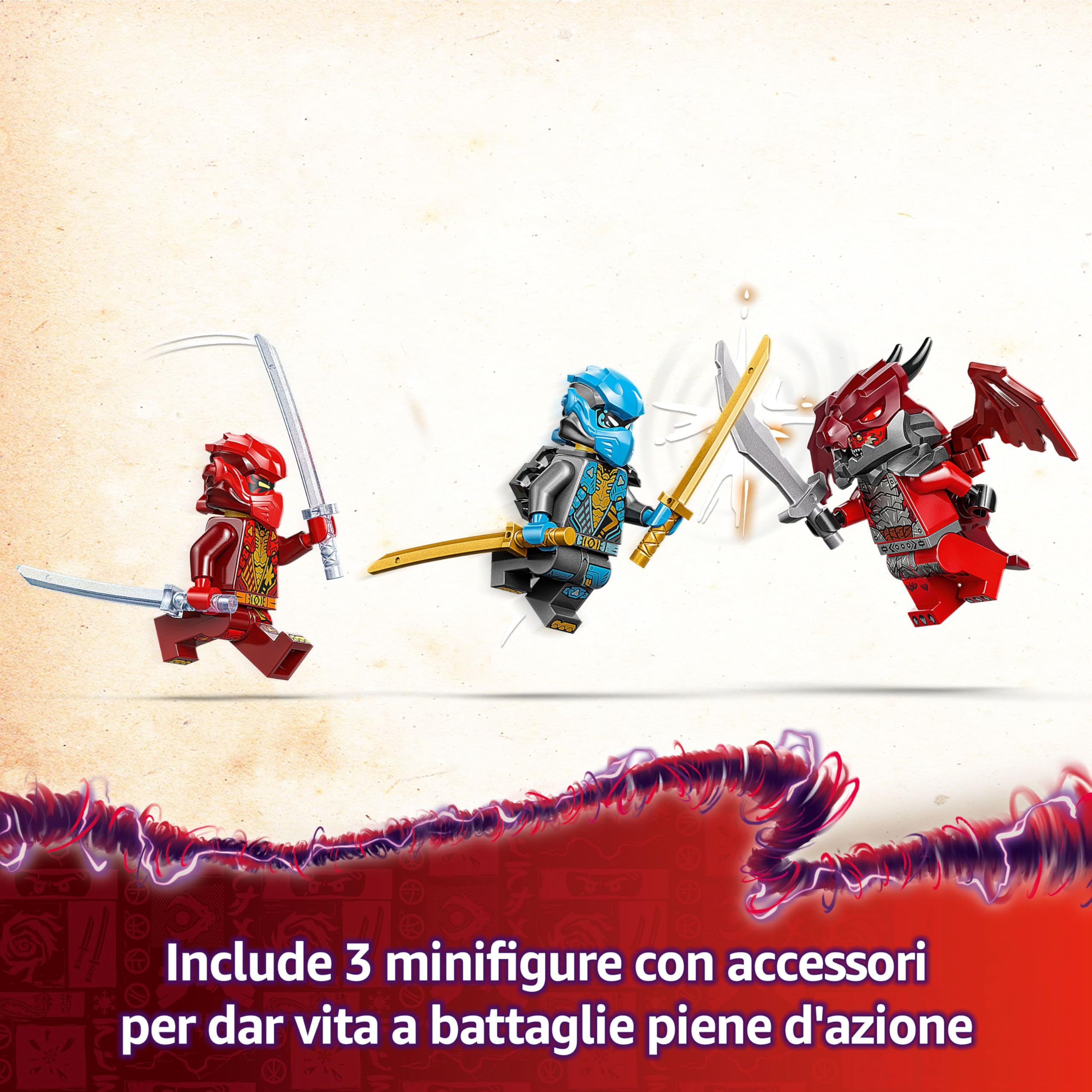 LEGO NINJAGO Mech Storm Rider di Kai - 2 Veicoli Trasformabili in Figura Snodabile e Moto Giocattolo, Set con 3 Minifigure e Armi, Giochi per Bambini e Bambine da 7 Anni da La Rivolta dei Draghi 71830