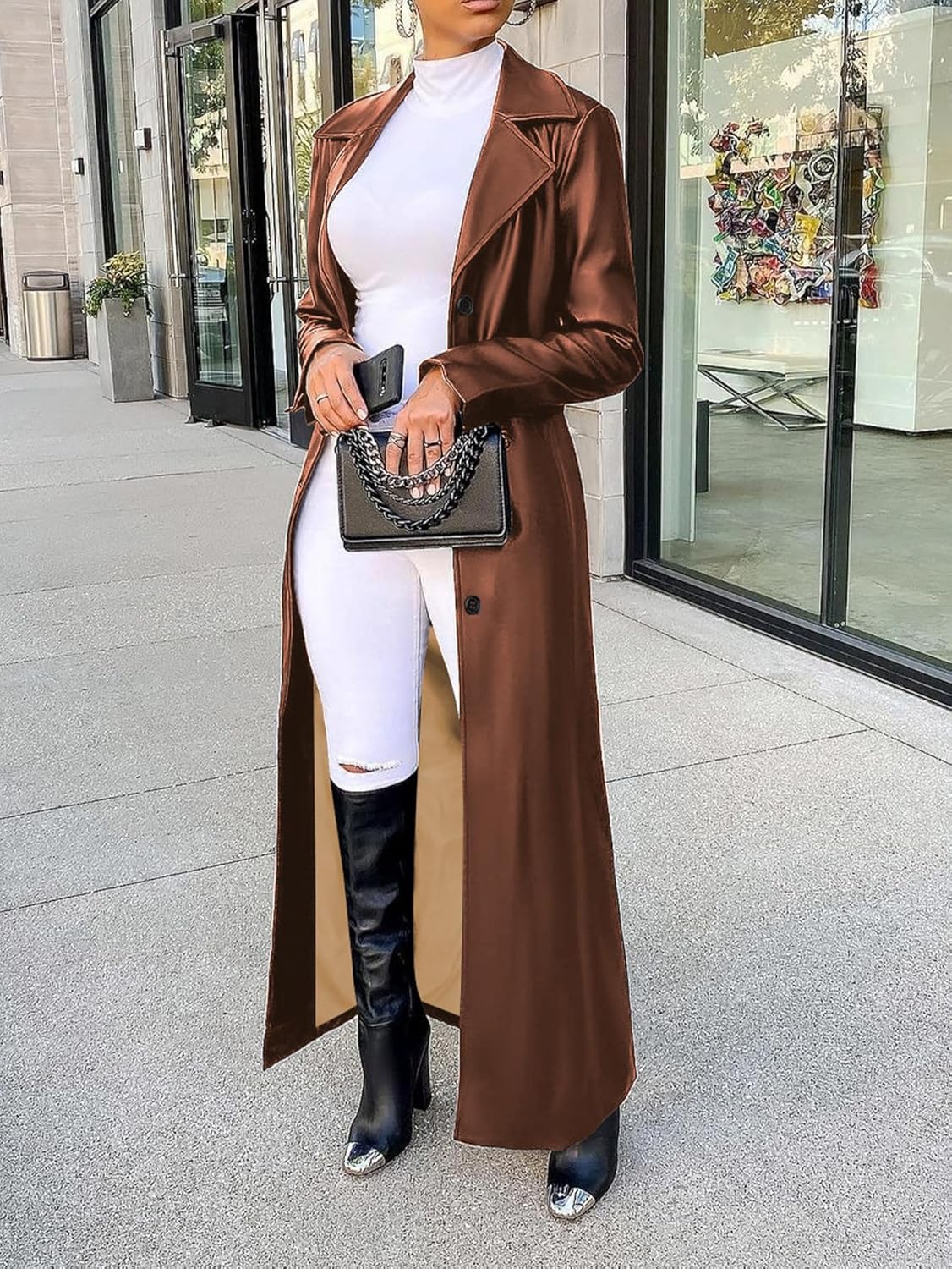 utcoco Womens Faux Leather Long Trench Coat Lapel Collar Button Down Maxi Overcoat Duster Jacket for Fall & Winter - Image 2