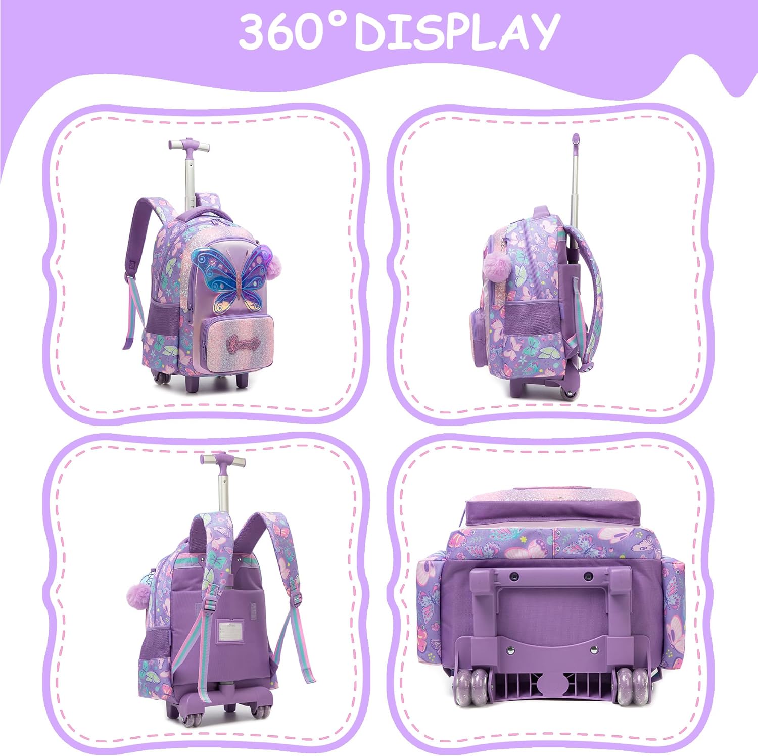 Backpack with Wheels for Girls Rolling Backpack for School Backpacks for Girls 8-12 with Lunch Box Roller Backpacks for Kids Butterfly Schoolbag