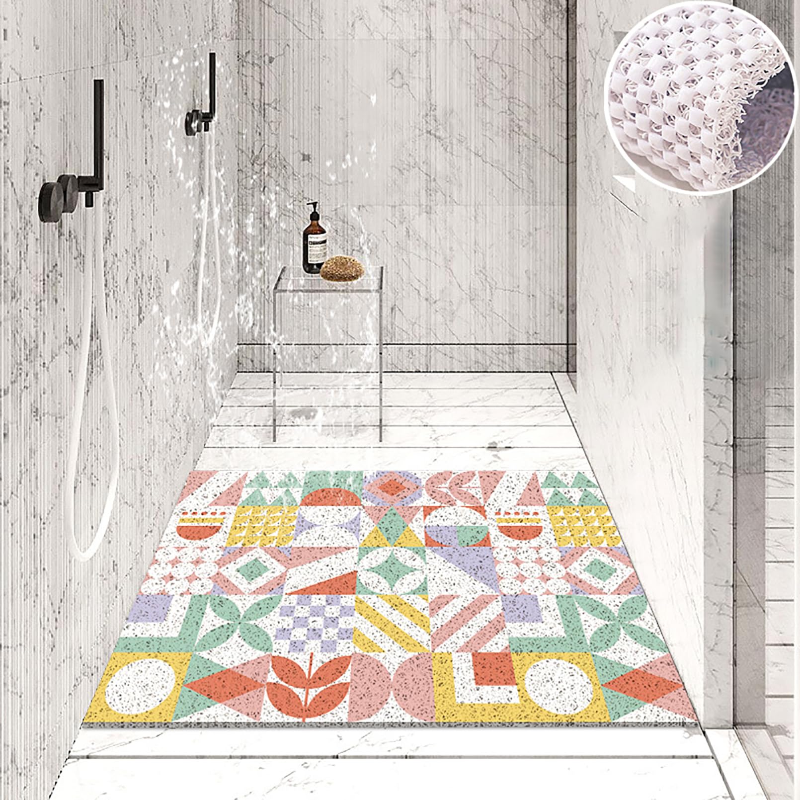 Tappetino da doccia antiscivolo, 40 x 60 cm, morbido e confortevole, antiscivolo, alla moda e lucido, in PVC, con ganci, alta permeabilità all'acqua