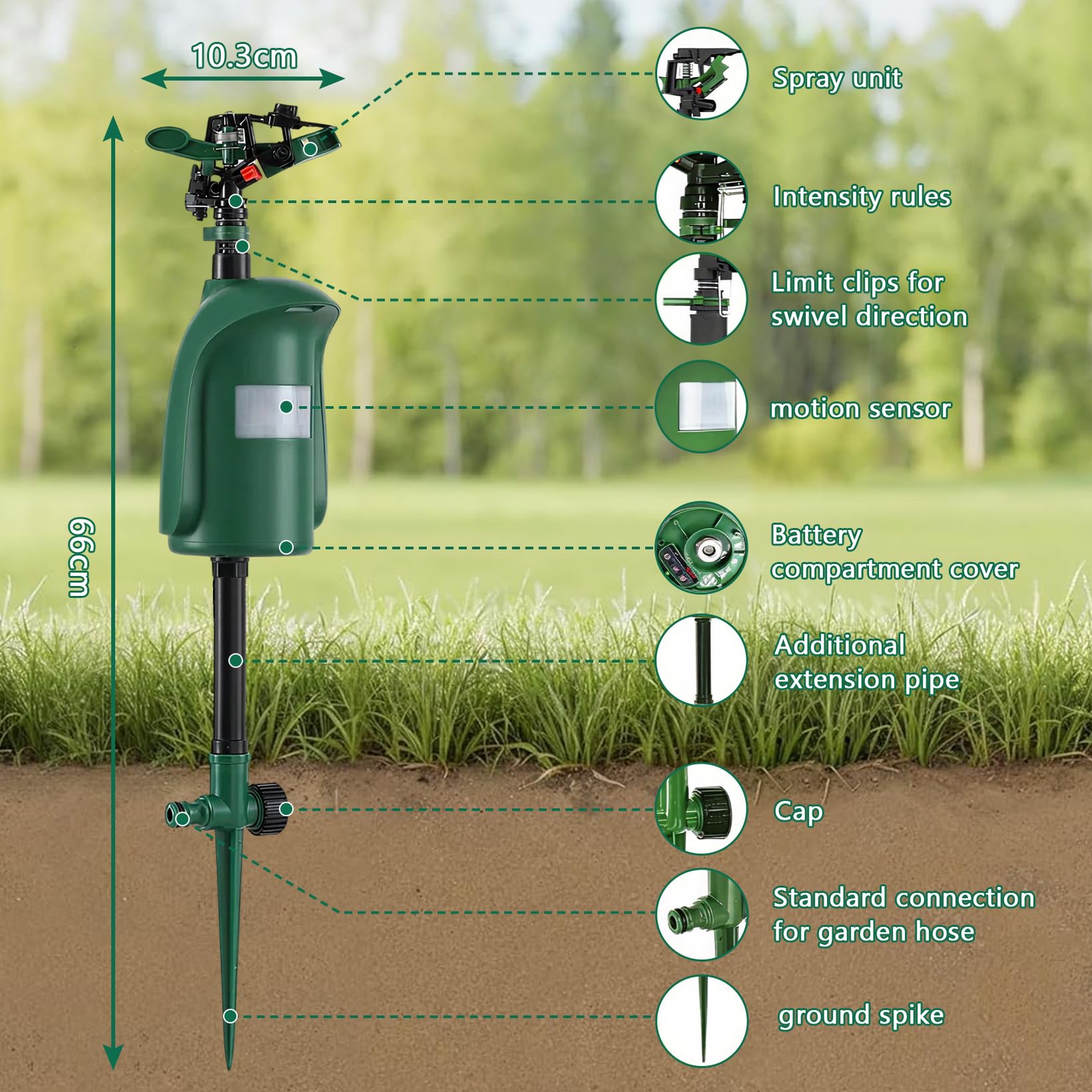 Ahuyentador de Animales con Detector de Movimiento de 120° | cabezal pulverizador ajustable de 360 grados, ahuyentador de garzas para ahuyentar gatos y martas, para jardines, pastos