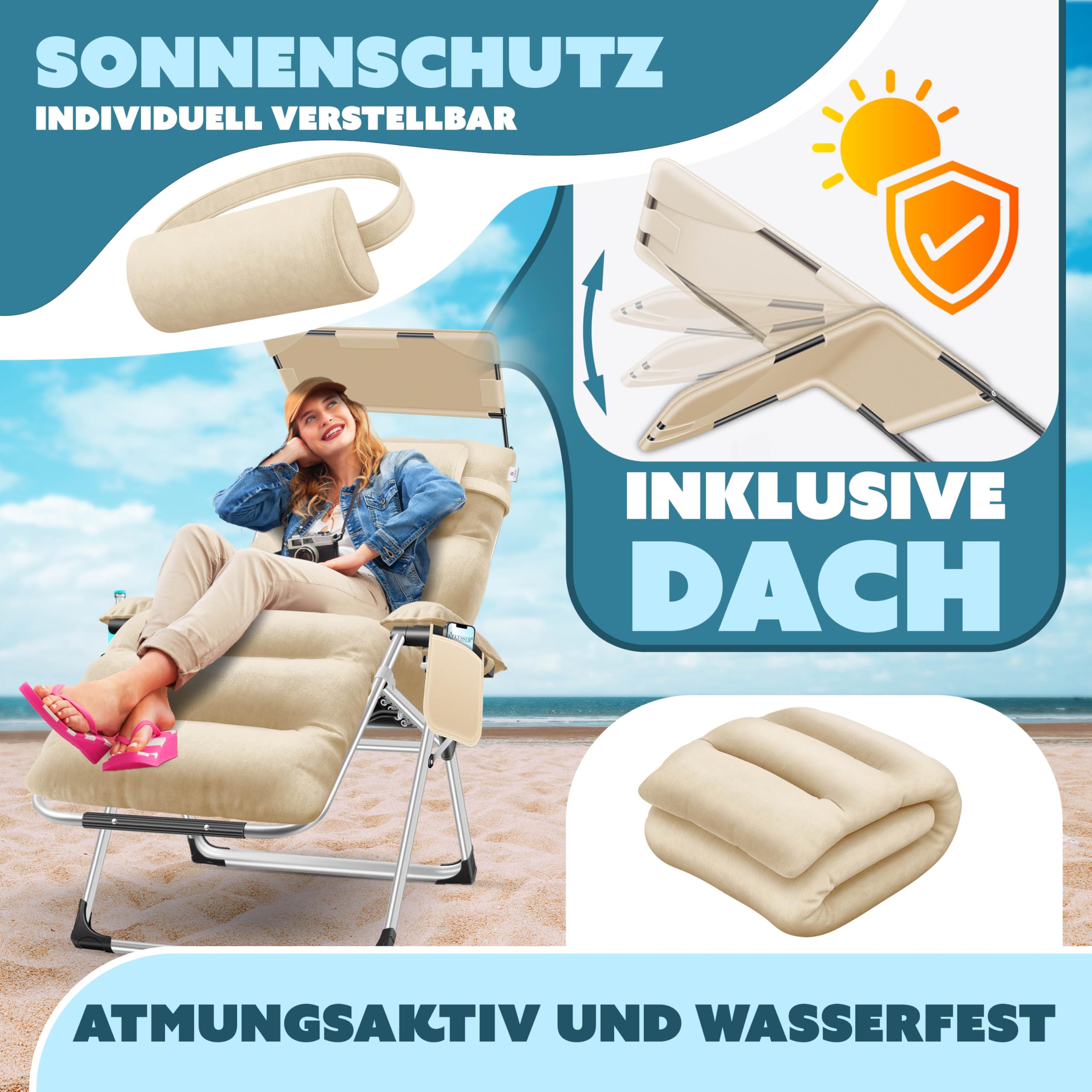 KESSER® Składany leżak ogrodowy XXL, odporny na warunki atmosferyczne, udźwig 200 kg, ergonomiczna poduszka, regulowane oparcie z poduszką pod kark, uchwyt na kubek i wyściółka do