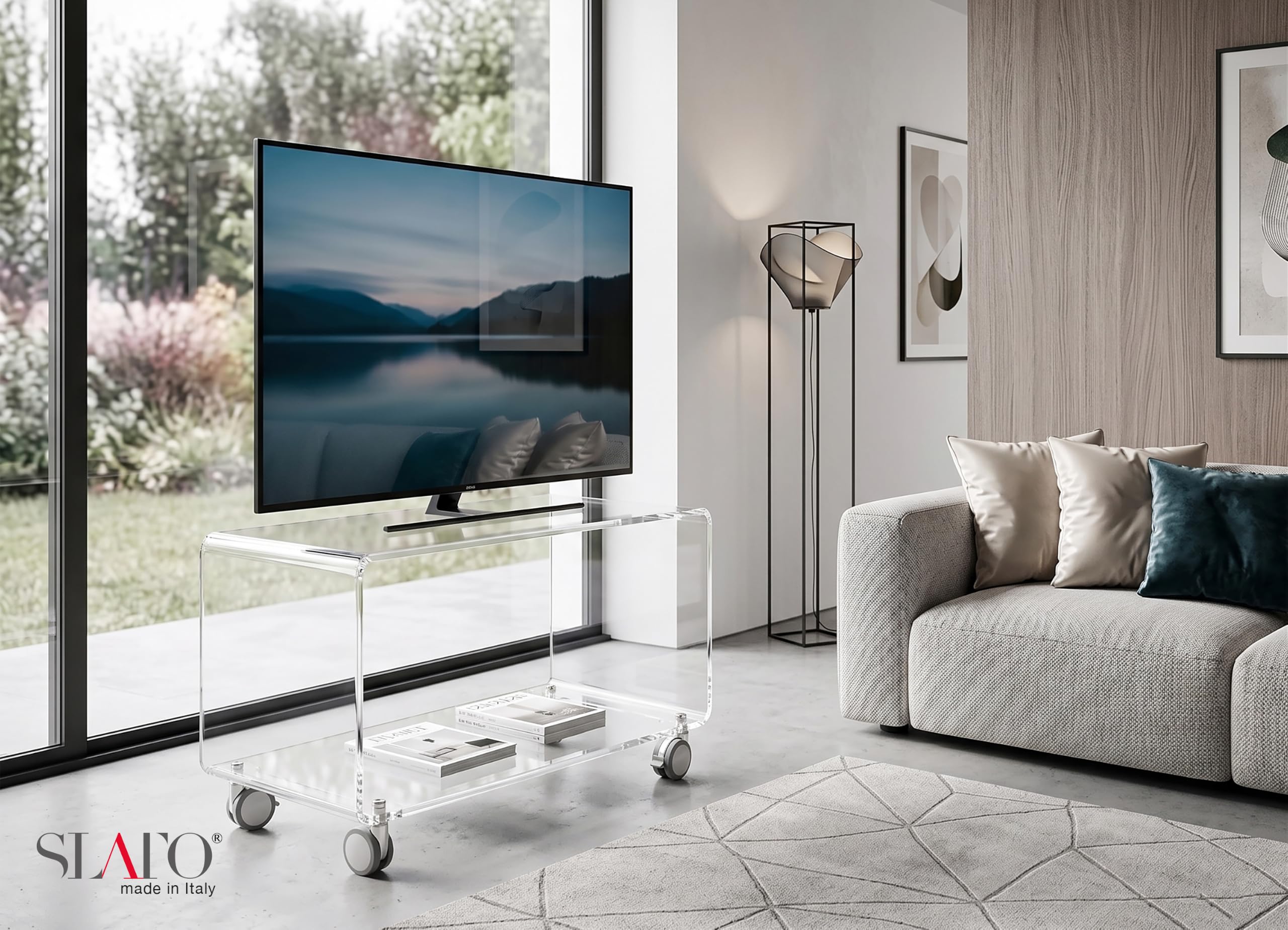 Slato Fedra Beistelltisch mit 2 Etagen, TV-Regal mit Rollen, modernes Design aus Acrylglas, hohe Dicke, transparent, hergestellt in Italien