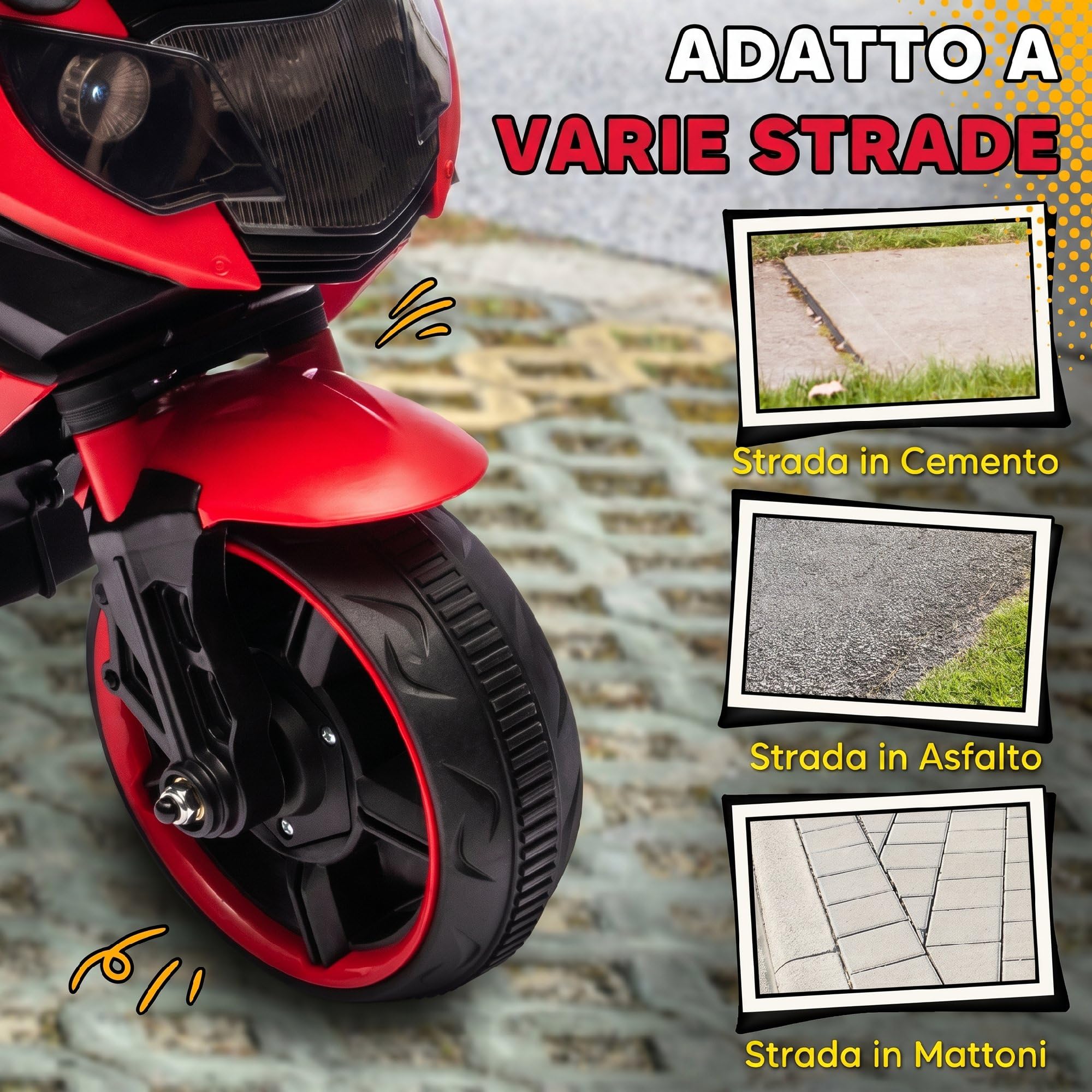 AIYAPLAY Moto Elettrica per Bambini da 18-36 Mesi, 6V Motorino Elettrico con Rotelle di Supporto Rimovibili, Fari Anteriori e Musiche Integrate, 2.5 km/h, Capacità 25kg, Rosso