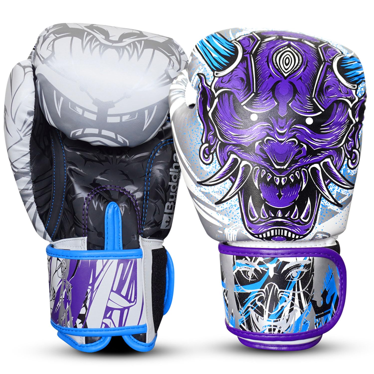 Buddha Fight Wear - Guanti da boxe Fantasy - Muay Thai - Kick Boxing - Pelle sintetica tessuto interno resistente agli odori - Cuciture rinforzate - Vari disegni (bianco, 340 g)