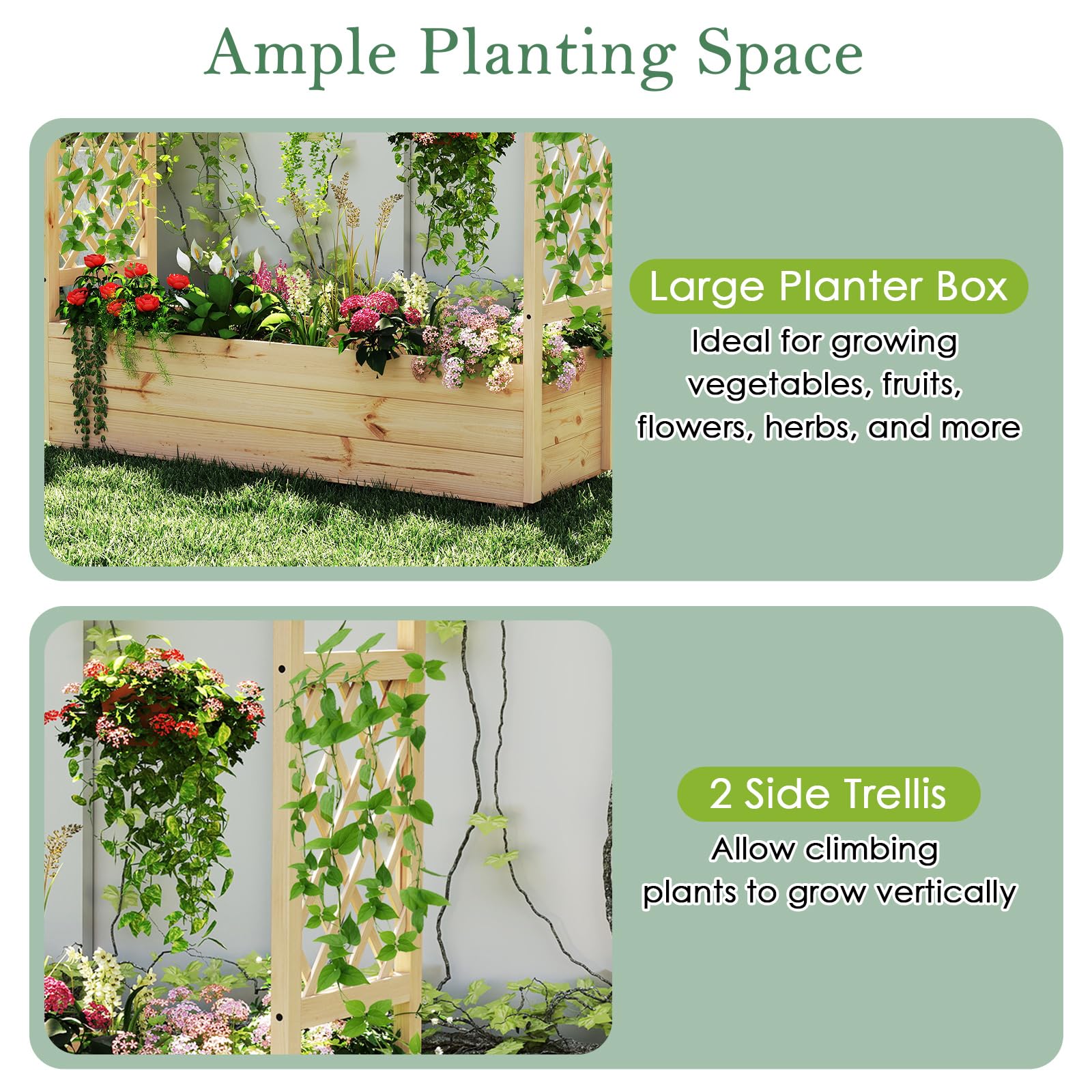 HOMASIS Jardinière Surélevée avec Treillis & Etagère de Toit, Lit de Jardin en Bois avec Trous de Drainage, Bac à Fleurs pour Plantes Grimpantes, Légumes, Fleurs, Herbes pour Extérieur (Grand)