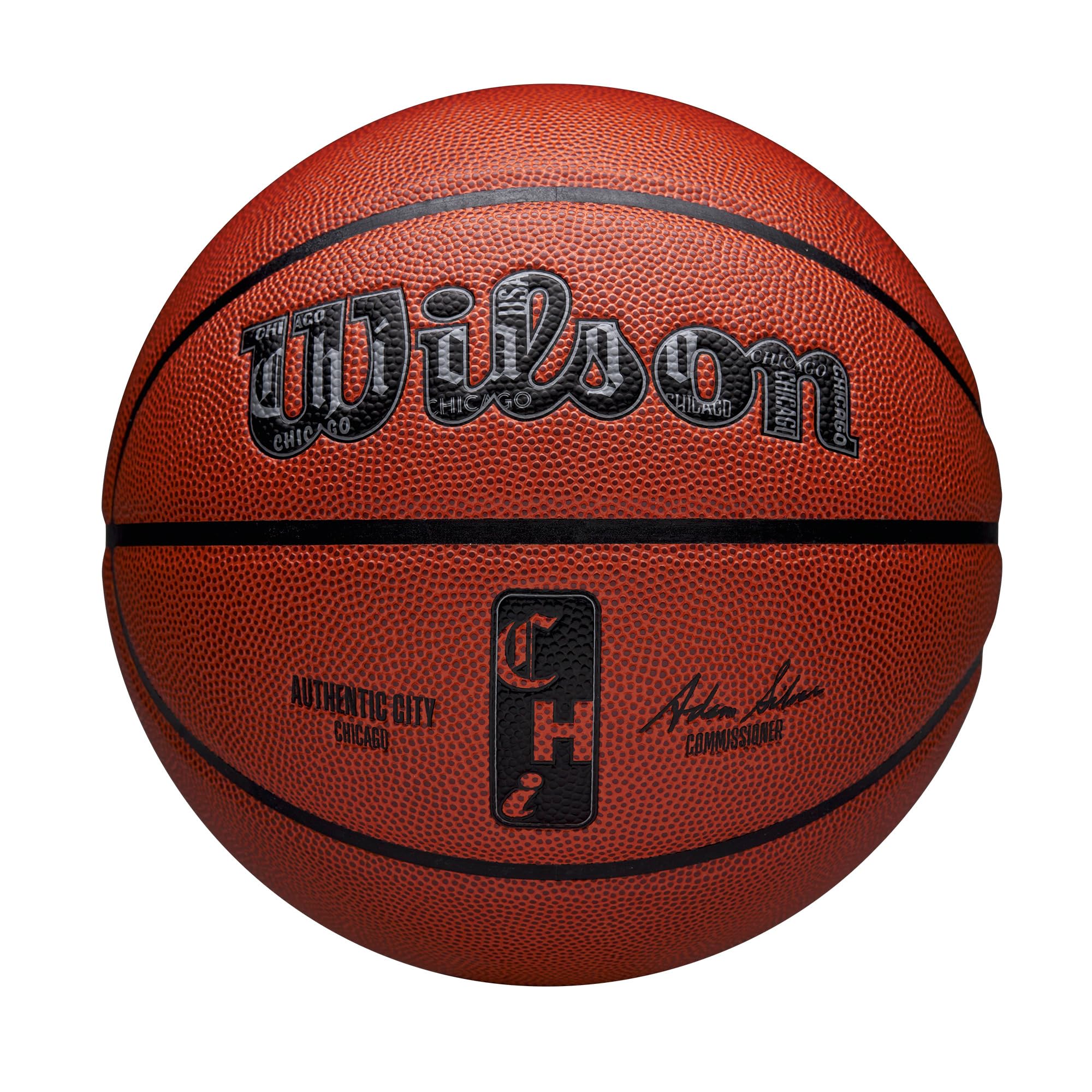Wilson Balón de Baloncesto NBA Authentic City, Ciudad de Chicago, con Tecnología Ever Bounce, Capa de Control de Inflado y Superficie Pure Feel, para Agarre Mejorado, Color: Marrón, Talla: 7