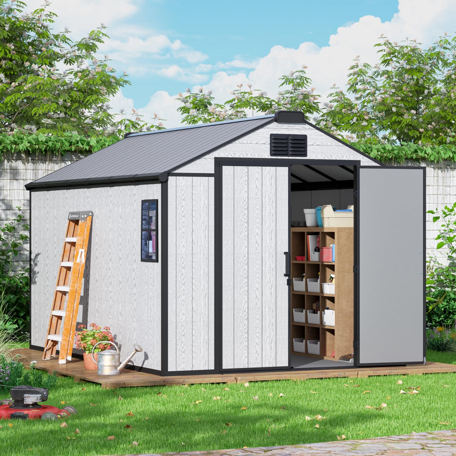 MELLCOM 6 x 4 FT Resin Outdoor Storage Shed with Floor, Outdoor Storage Tool Shed with Windows and Lockable Door, Resin Garden Shed for Bike, Garbage Can, Lawnmower — view 12