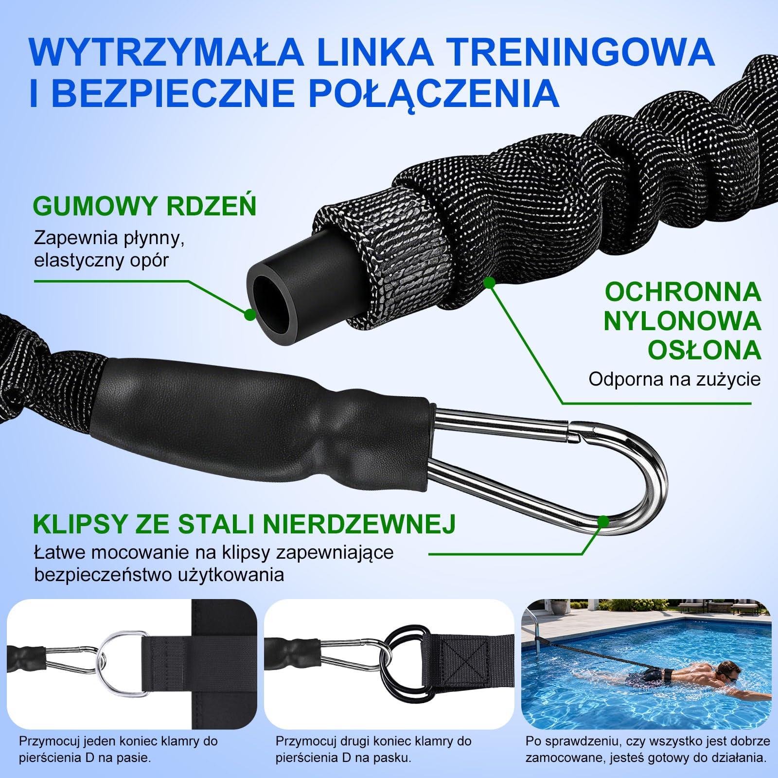 Pas basenowy | 2,5-7,5M Regulowany pas oporowy do pływania | Pas treningowy do pływania | Pomoc do pływania dla każdego basenu Bez linii pływackiej, Naprawiono