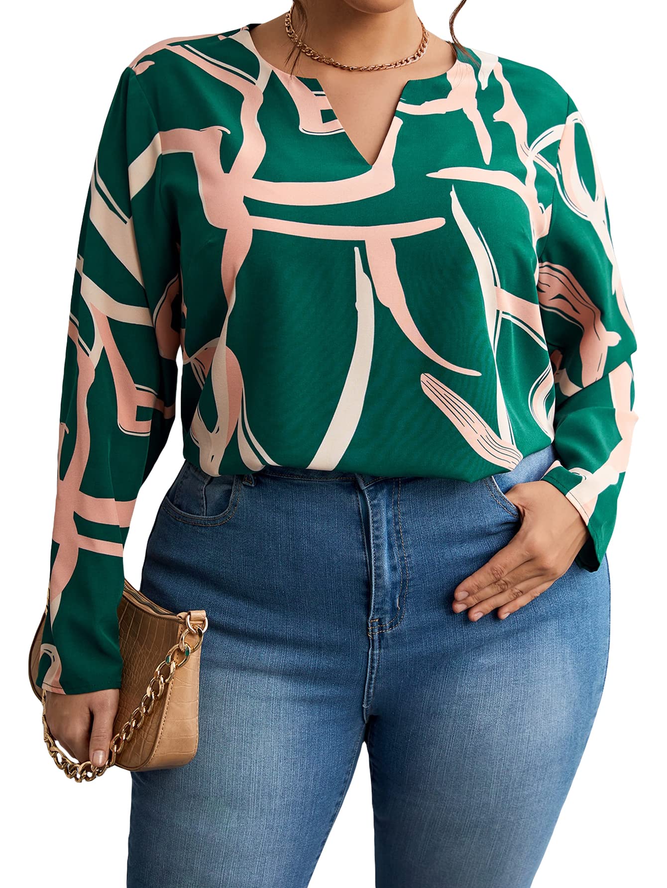 GORGLITTERWomen's Plus Size Casual Graphic Print Notched Neck Blouses Long Sleeve Tops