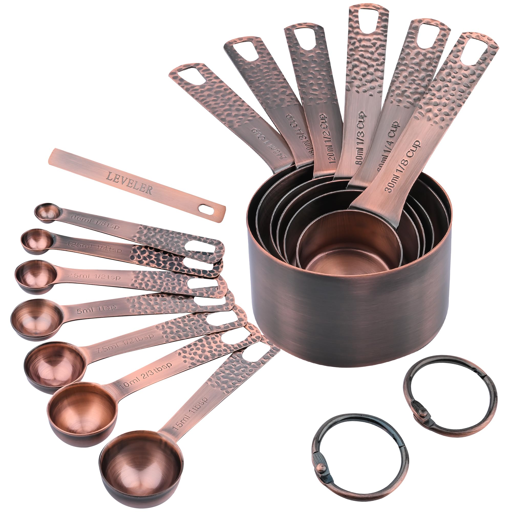 Kupfer-Messbecher und Löffel-Set, 14 Stück, Edelstahl-Messbecher und Löffel-Set für Backen und Küche, 6 metrische Metall-Messbecher und 7 Messlöffel, 1 Nivellierer für trockene und flüssige