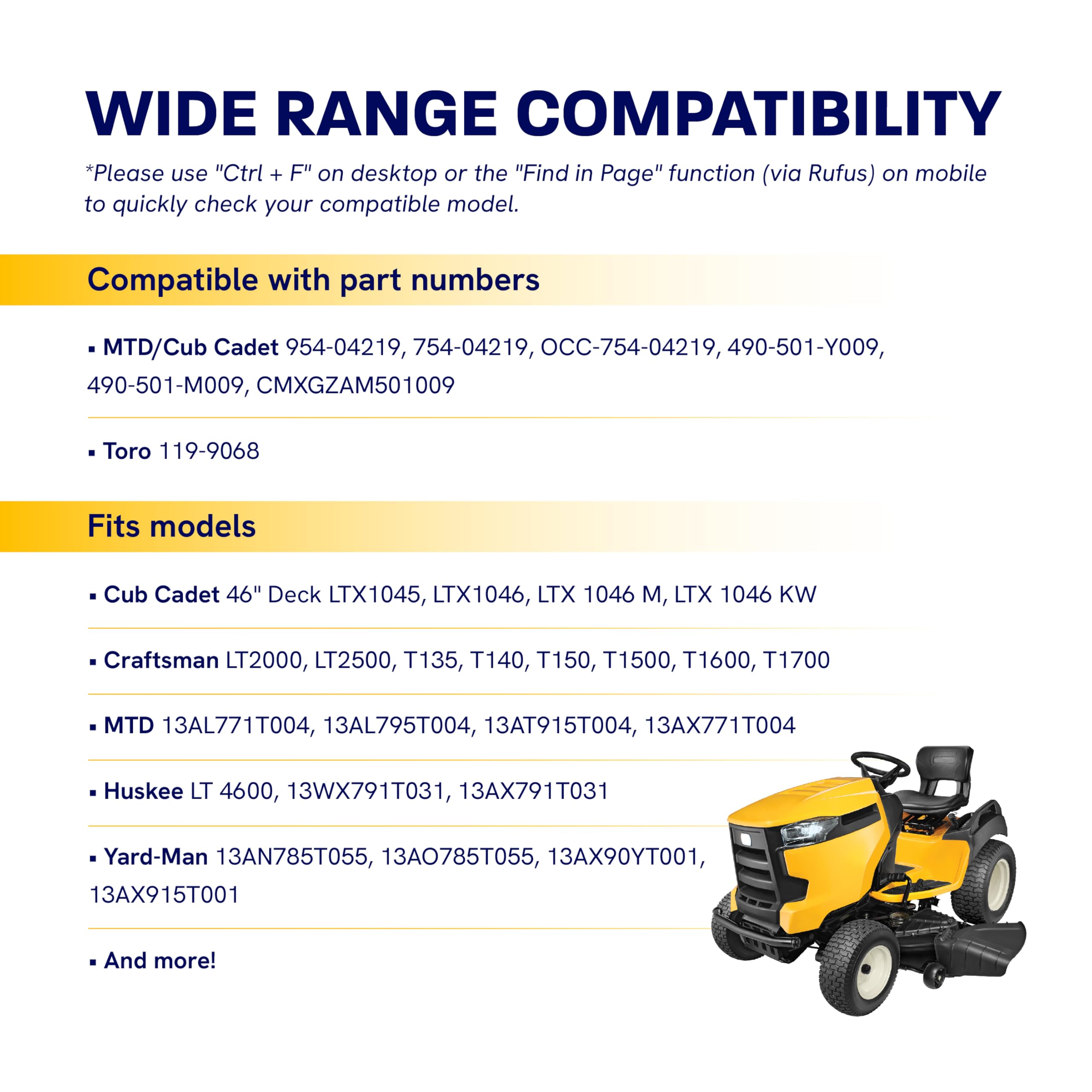 [Versión GRIP120] Canamax 754-04219 954-04219 Correa de cubierta de cortacésped para cubierta Cub Cadet LTX 1045 LTX 1046 Troy Bilt Horse XP Bronco Craftsman T1600 T140 | Cordón de aramida | 1/2