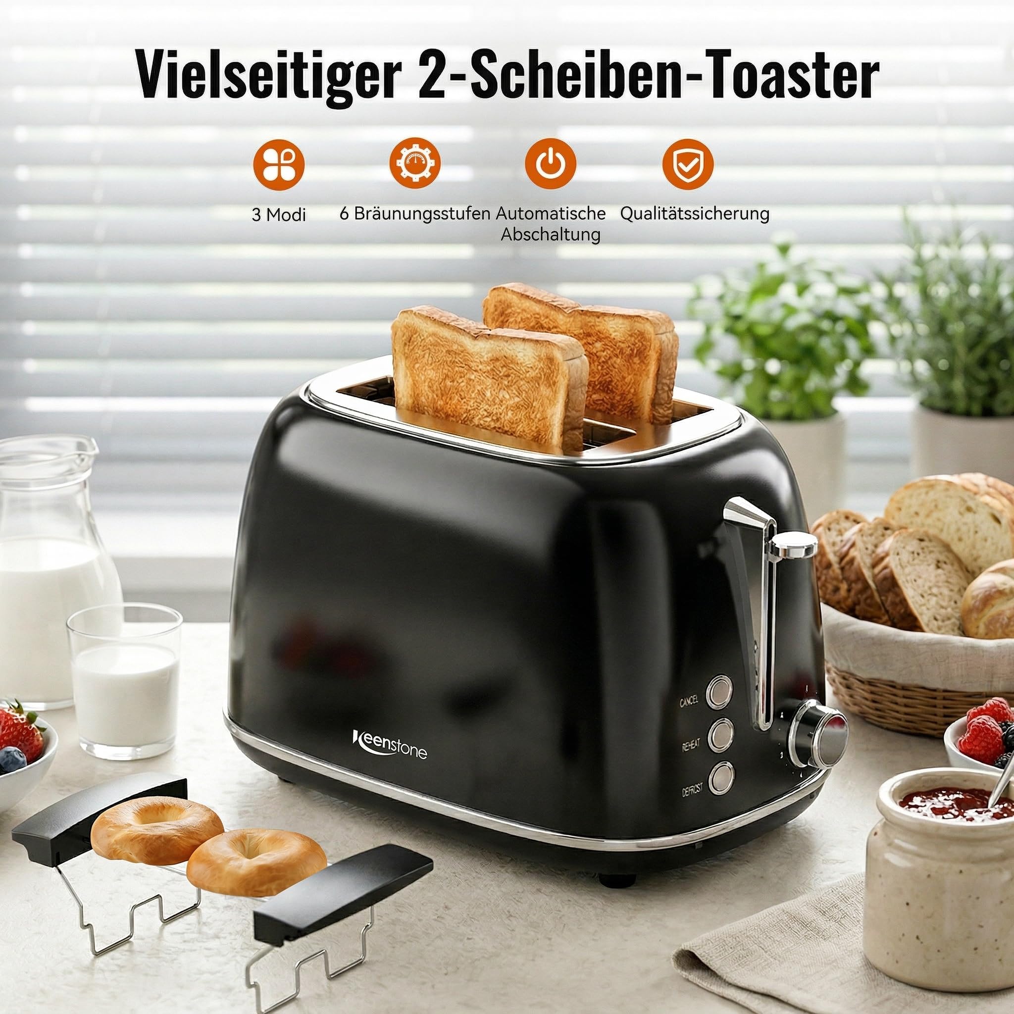 Keenstone Toaster 2 Scheiben, Retro Edelstahl Toaster mit breitem Schlitz, 6 Bräunungsstufen, mit Warmhalterost, Aufwärm- & Auftaufunktion, für Toast und Brot, herausnehmbare Krümelschublade