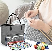 Vista 8 de Yarwo Bolsa de ganchillo para tejer, bolsa de almacenamiento de hilo para proyectos de WIP, madejas de hilo, ganchos de ganchillo y agujas de tejer