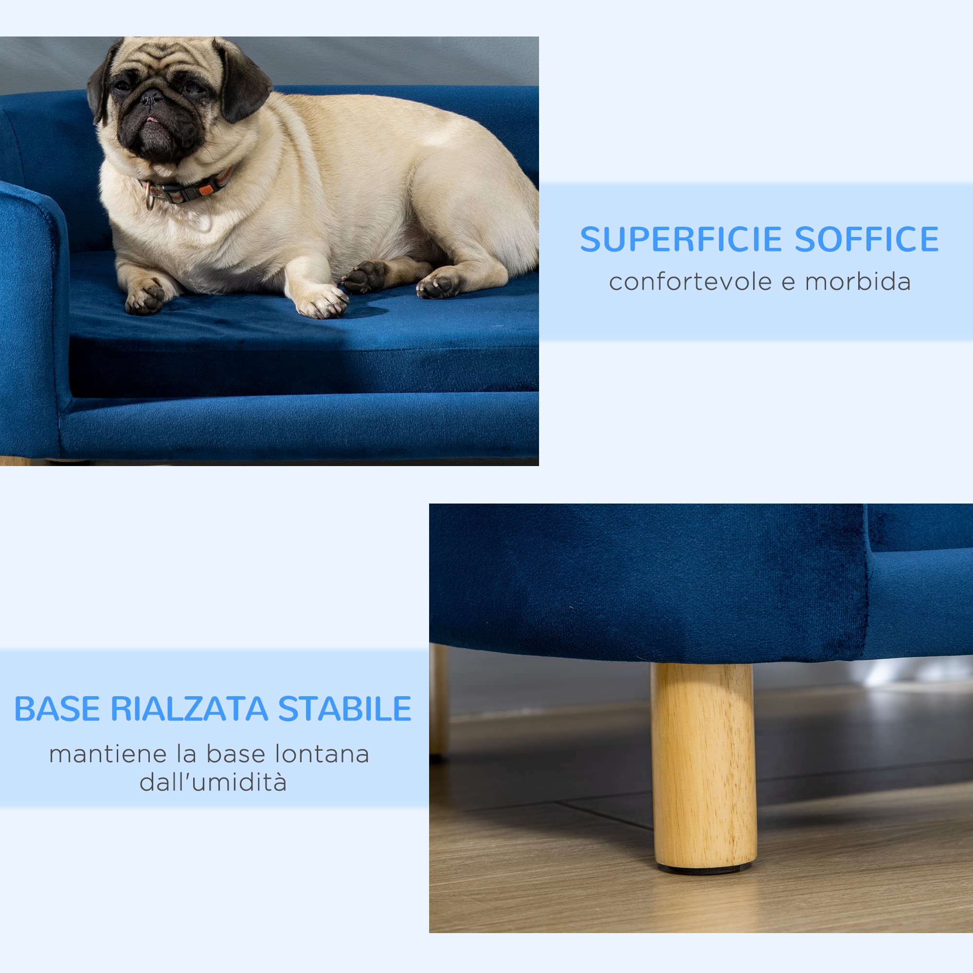 PawHut Cuccia per Cani da Interni, Divano per Gatti o Cani di Taglia Piccola e Media Max. 22.5kg, in Velluto Blu