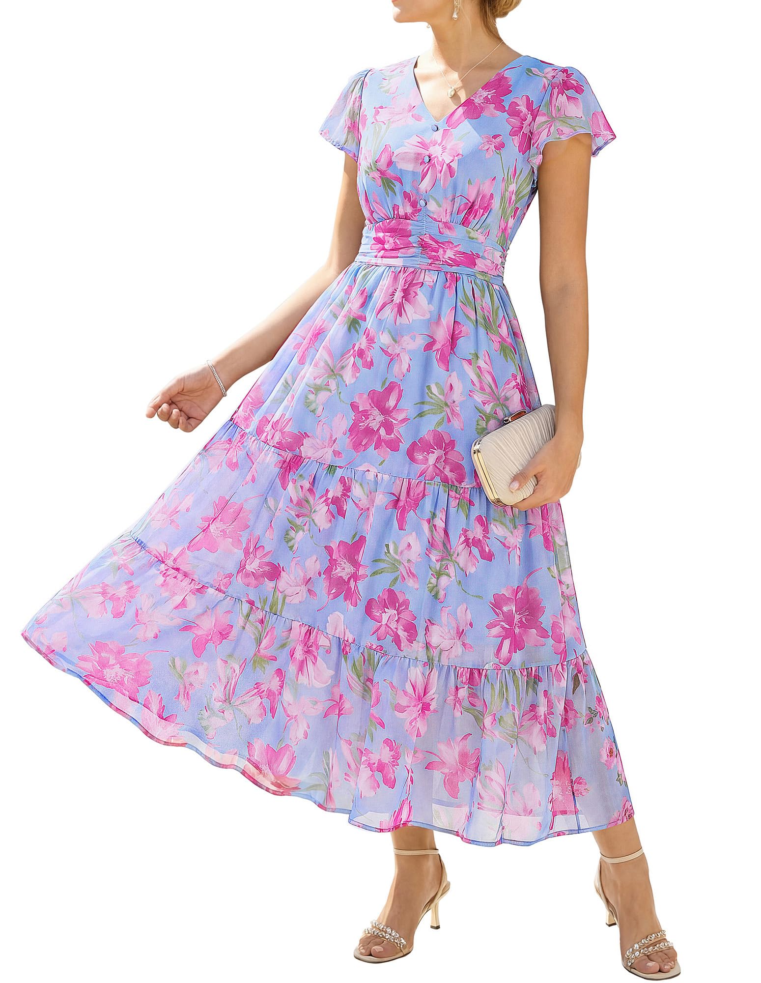 GRACE KARIN Abito estivo da donna con scollo a V, motivo floreale, con tasche, maniche a volant, linea ad A, aderente in vita