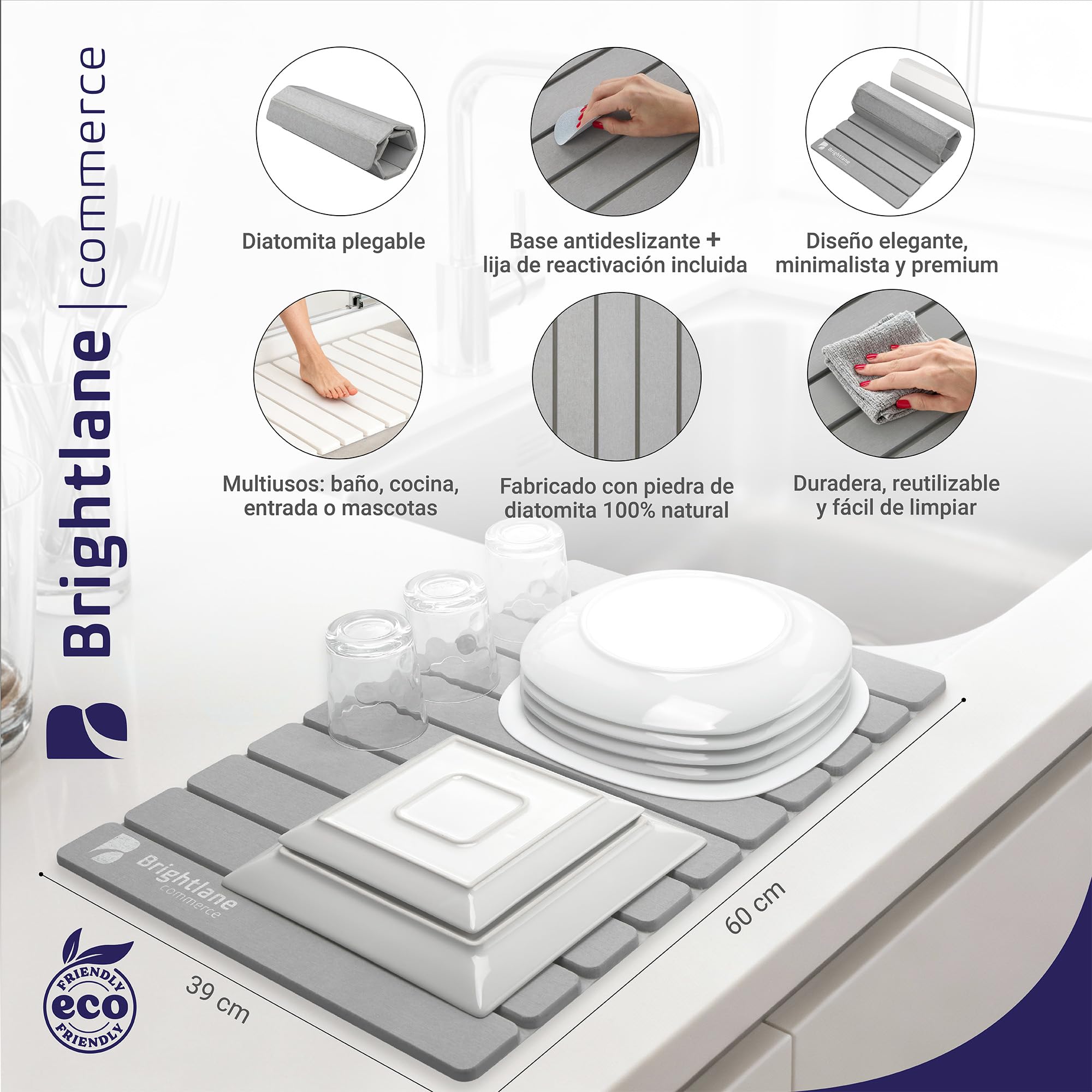 BRIGHTLANE Alfombrilla de Diatomita Plegable 60x39 cm – Secado Ultra Rápido, Antideslizante y Antihumedad – Alfombra de Baño Premium Flexible y Base para Cocina o Escurreplatos (BLDWH6039 Blanco)