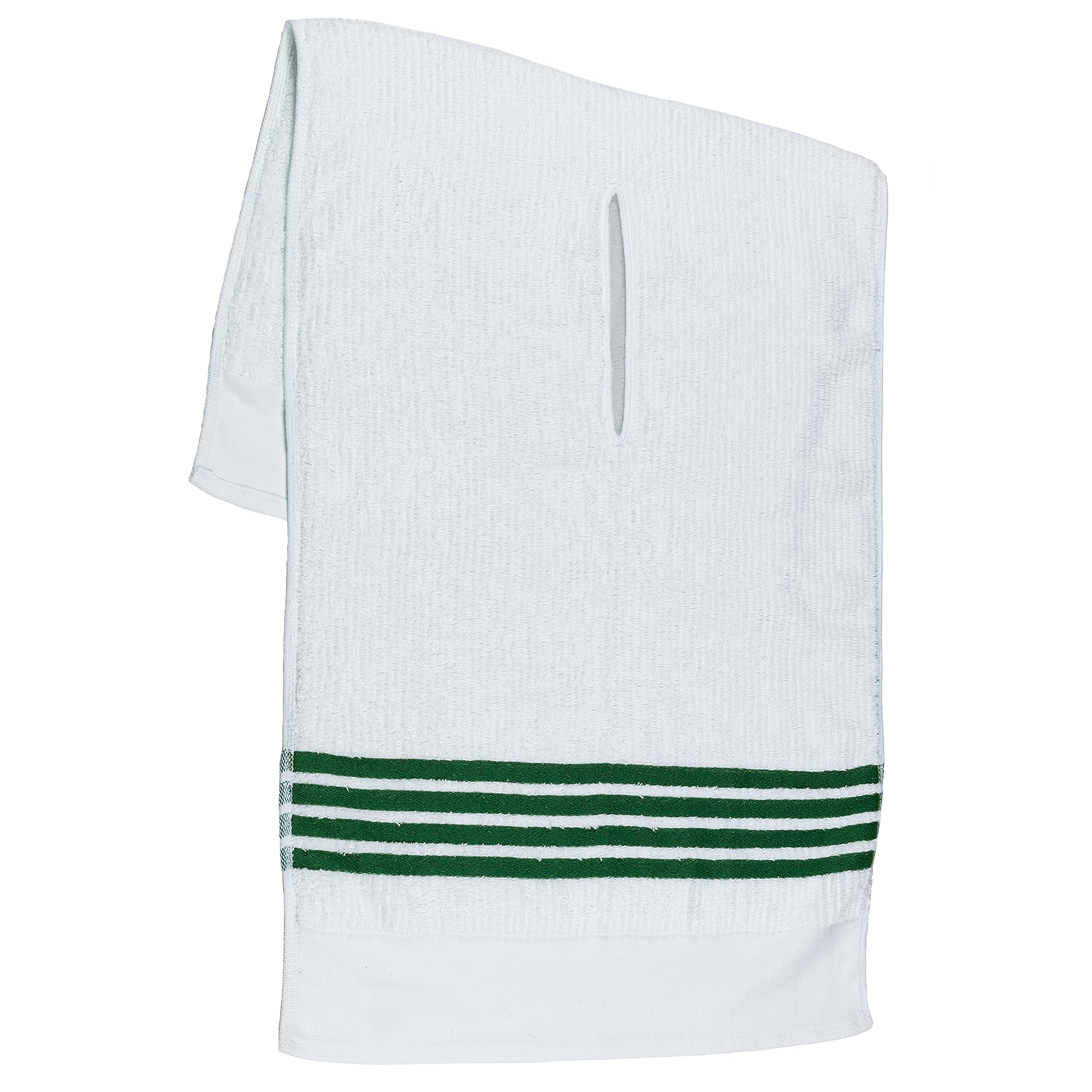 The Tour Towel | Large Golf Caddy Towel Terry Cloth, Absorbent 19" x 44", Center Cut, Perfect Hang Golf Cart Accessory and Golf Bag, White with Green Stripes