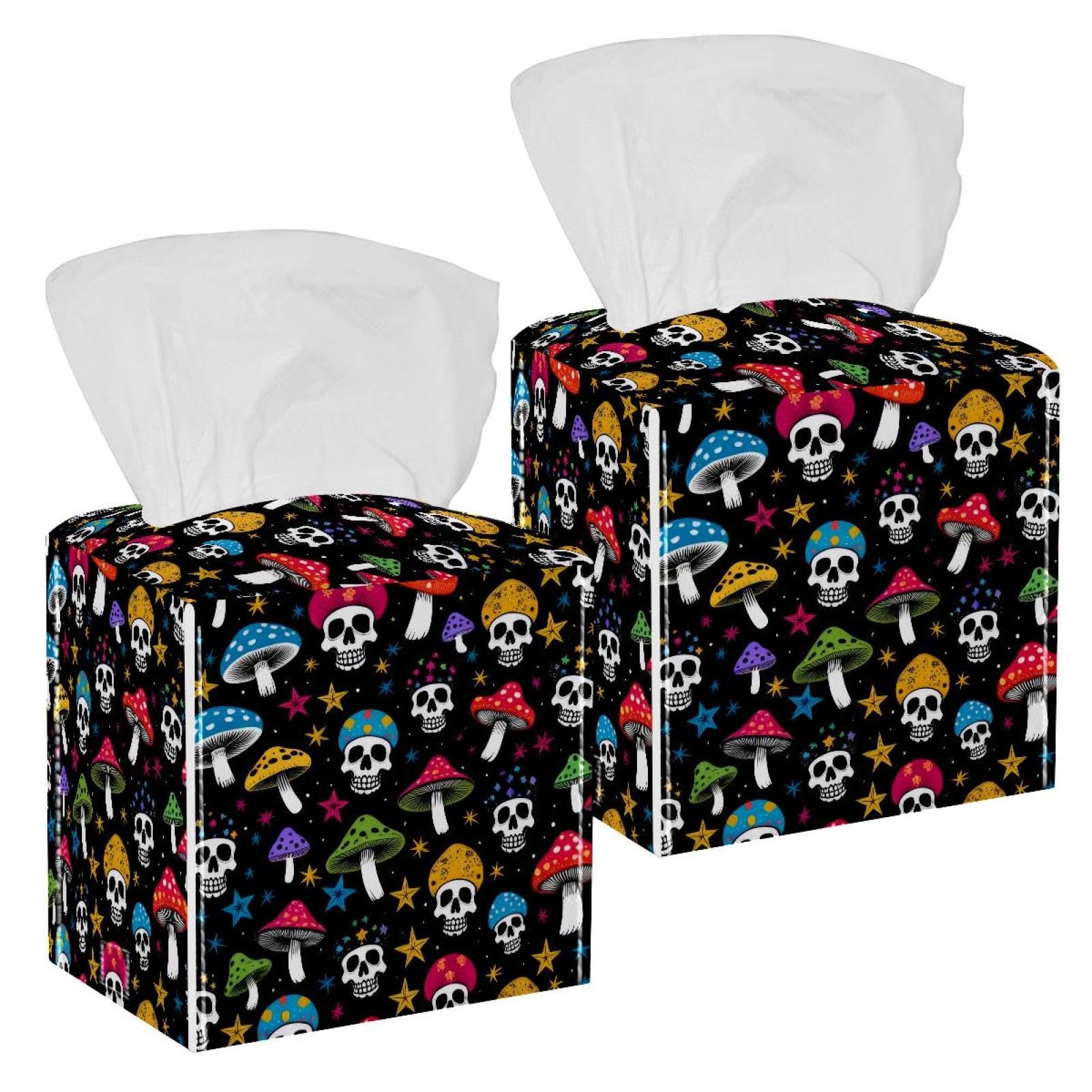 Mushroom Skull Tissue Box Cover, 2 Pack PU Leather Square Facial Tissue Dispenser Box holder for Home Office Car