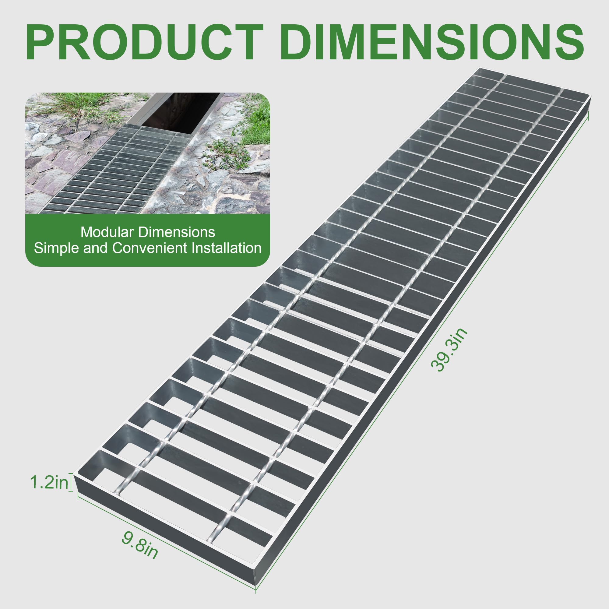 Rejilla de drenaje de acero galvanizado, 39.4 x 9.8 pulgadas, cubierta de rejilla de drenaje de metal al aire libre para garajes, estacionamientos, parques y carreteras de la ciudad