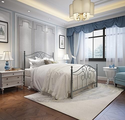 Miniatura 69 de Base de cama de metal Queen con cabecera y estribo, plataforma de granja, marco de cama tamaño Queen para debajo de la cama, no necesita somier y