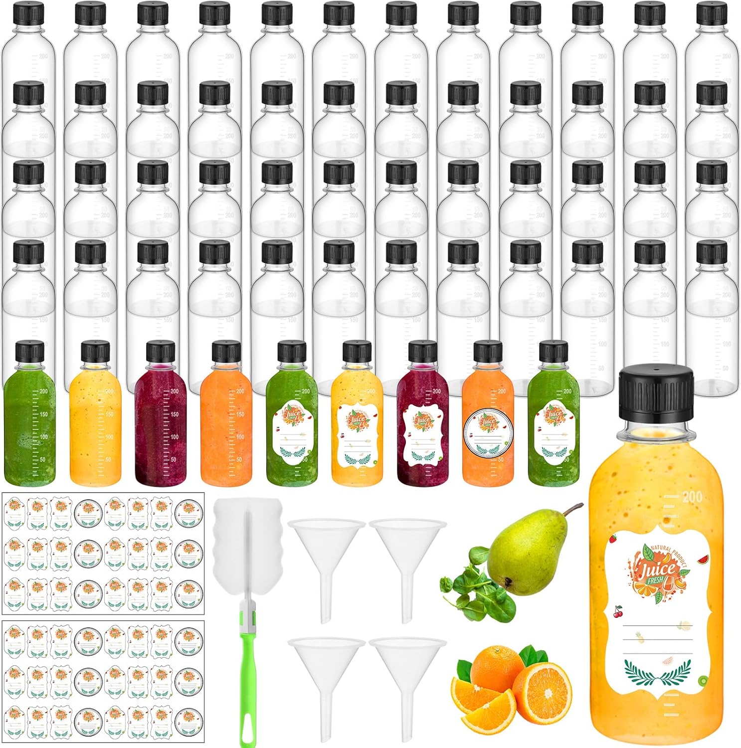 LemonRoad 50 Pcs 4 oz Small Plastic Juice Bottles with Black Cap Mini Reusable Clear Shot Jar with Lid Scale and Label for Ginger Liquid Drink Milk Beer Coffee Storage Container Portable Travel