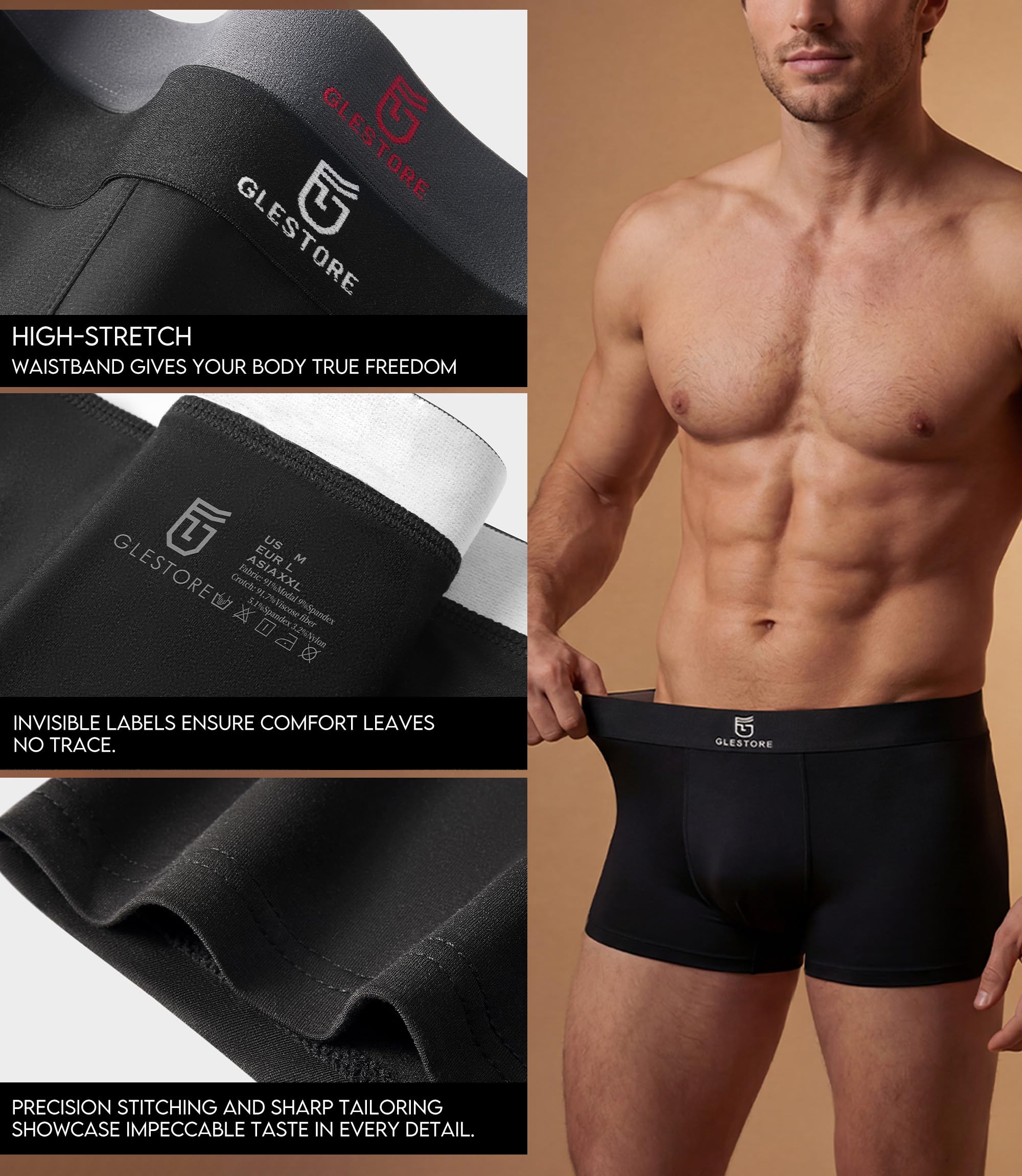 GLESTORE Bokserki męskie MT0604 zestaw 4 lub 5 oddychający, modalny czarny granatowy szary S-XXL
