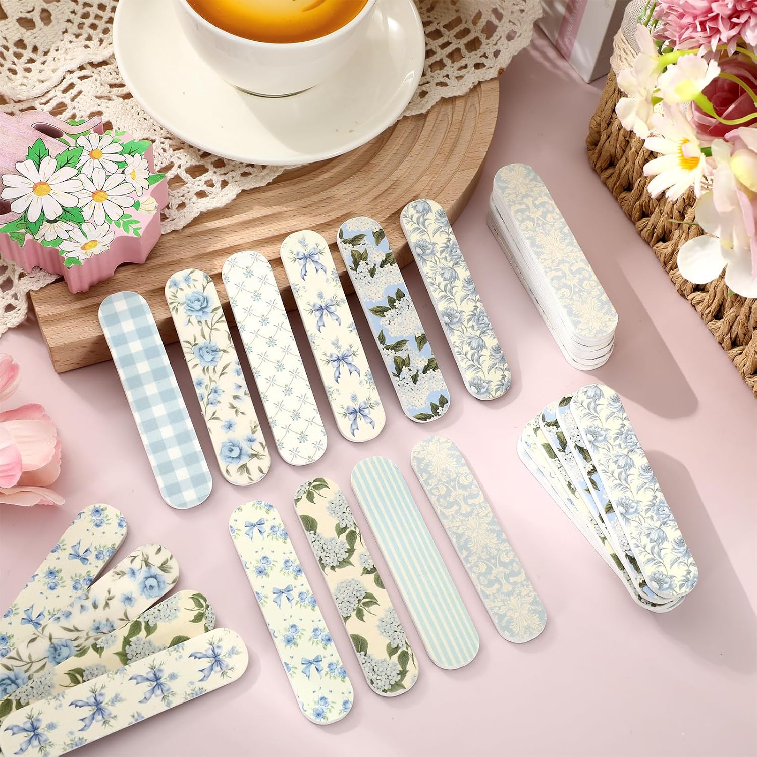 AnyDesign 50 Pcs Hydrangea Flower Nail Files Spring Summer Double-Sided Emery Board Manicure Tools Blue Floral Bow Fingernails Shaping Buffing Smoothing Filers for Girl Women Gift Supplies