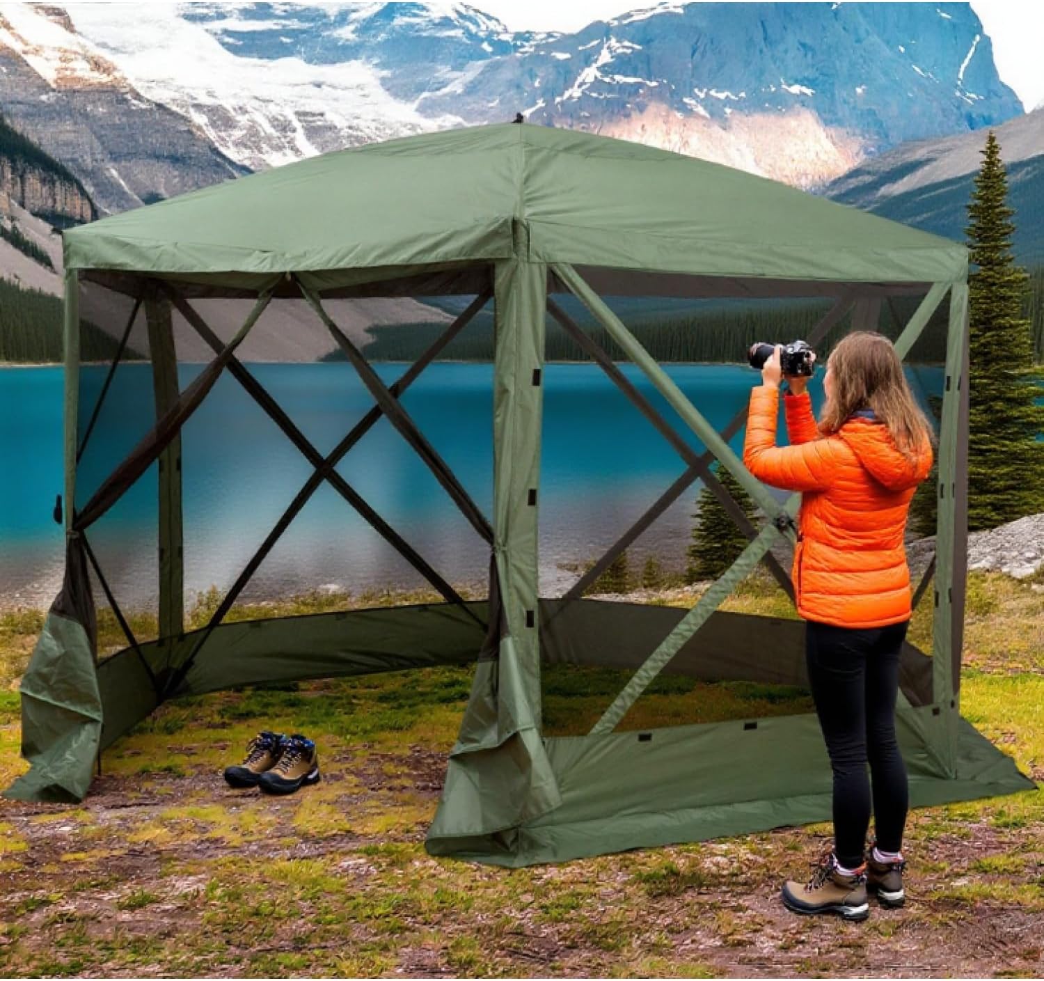 Hexagon Pop Up Party Tent Gazebo - Polyester Green Outdoor Shelter Family Parties, Weddings, Picnics Weather-Resistant Design