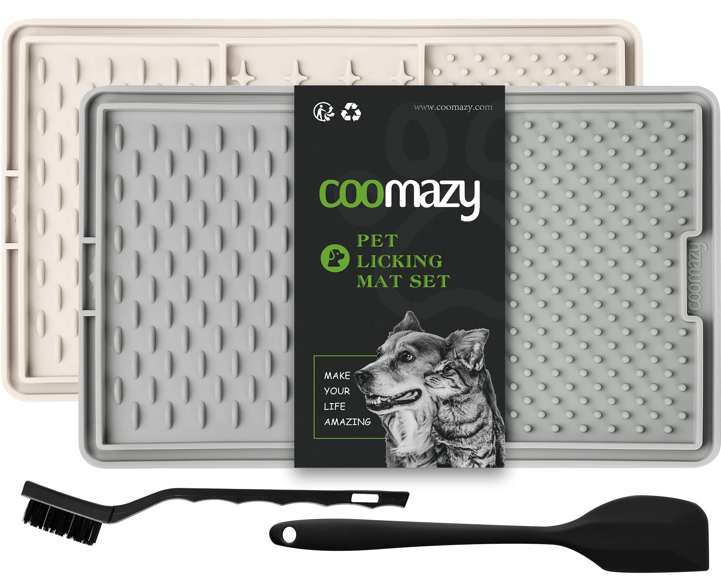 Coomazy 2 Packs Lick Mat for Dog and Cat, Slow Feeder & Non-Slip Design, Boredom and Anxiety Reducer, Suitable for Food, Treats, Yogurt, Peanut Butter, BPA-Free, Non-Toxic, Grey+Beige
