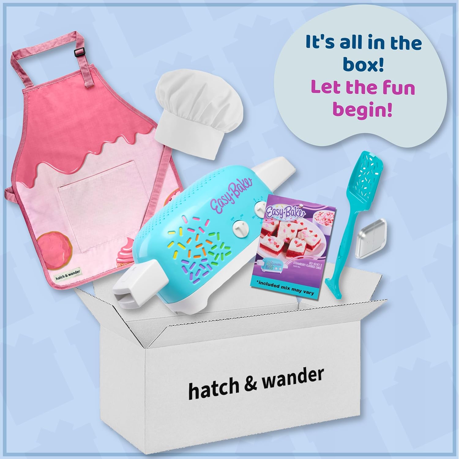 Easy Bake Oven Bundle | Kids Apron & Chef Hat | Girl Apron - Choose From 3 Designs | Kids Baking Set of 4 Pans | Easy Bake Oven Mix (included mix may vary)