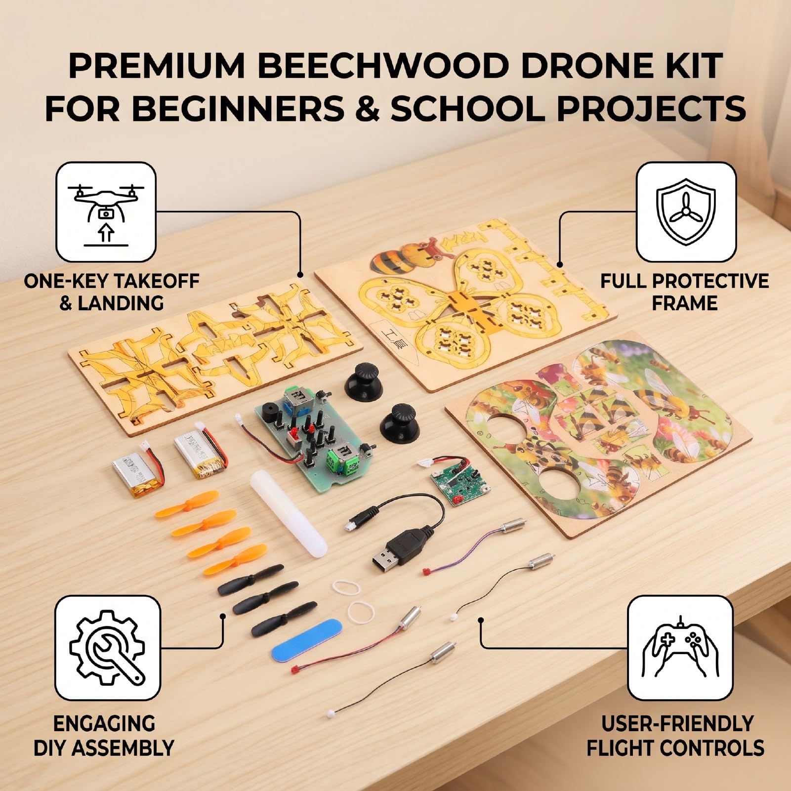 Sxhlseller Kit Drone RC in Legno Giocattolo di Assemblaggio Fai-da-te |Quadricottero in Legno di Faggio con modalità Senza Testa e Telaio Protettivo, Velivolo a 3 velocità da 500 MAh per