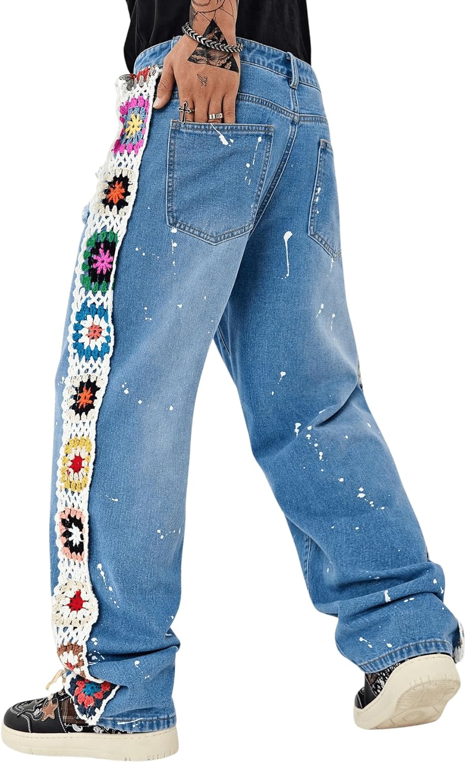 Men's Floral Crochet Baggy Jeans Ripped Distressed Jeans Hip Hop Straight Leg Denim Pants Streetwear