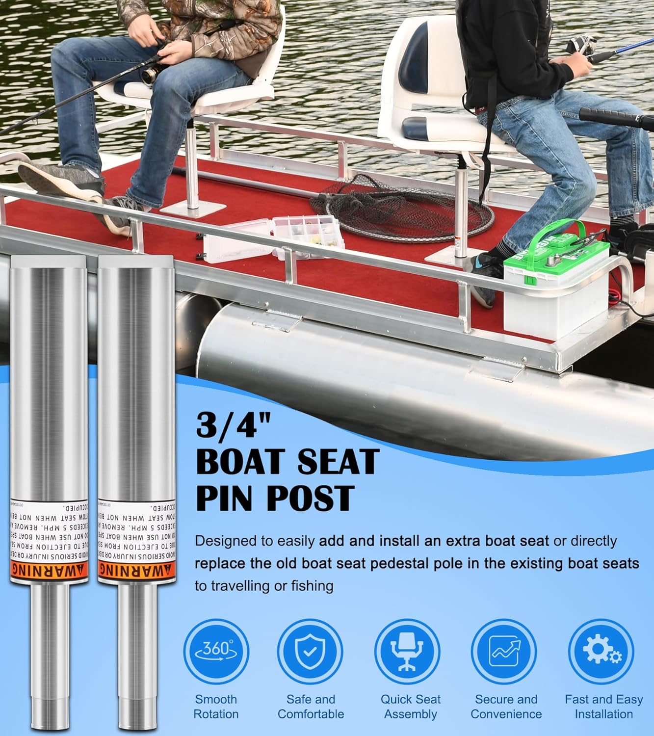 3/4" Boat Seat Pin Post Fits for Most Marine Boat Seat Pedestal Base Mount - Boat Seat Pedestal Post Lock-in Aluminum Extension Post Pole for Pontoon/Fishing/Bass Boat and More (2-Pack)