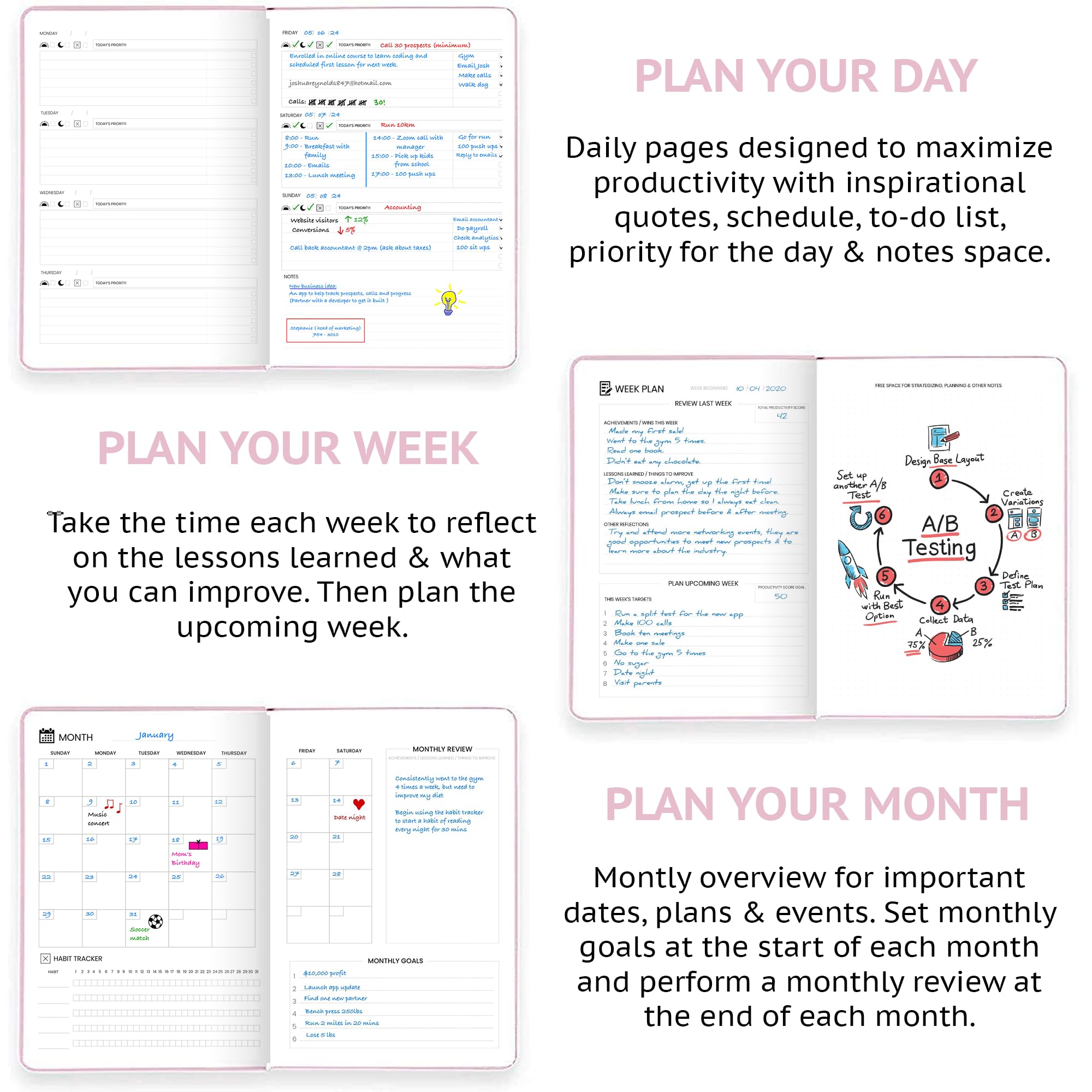 Wyze Planner - Niedatowany planer dzienny, 1 rok, B5, twarda okładka. Ustalanie celów, strony miesięczne, tygodniowe i dzienne, tracker nawyków i kalendarz (różowy)