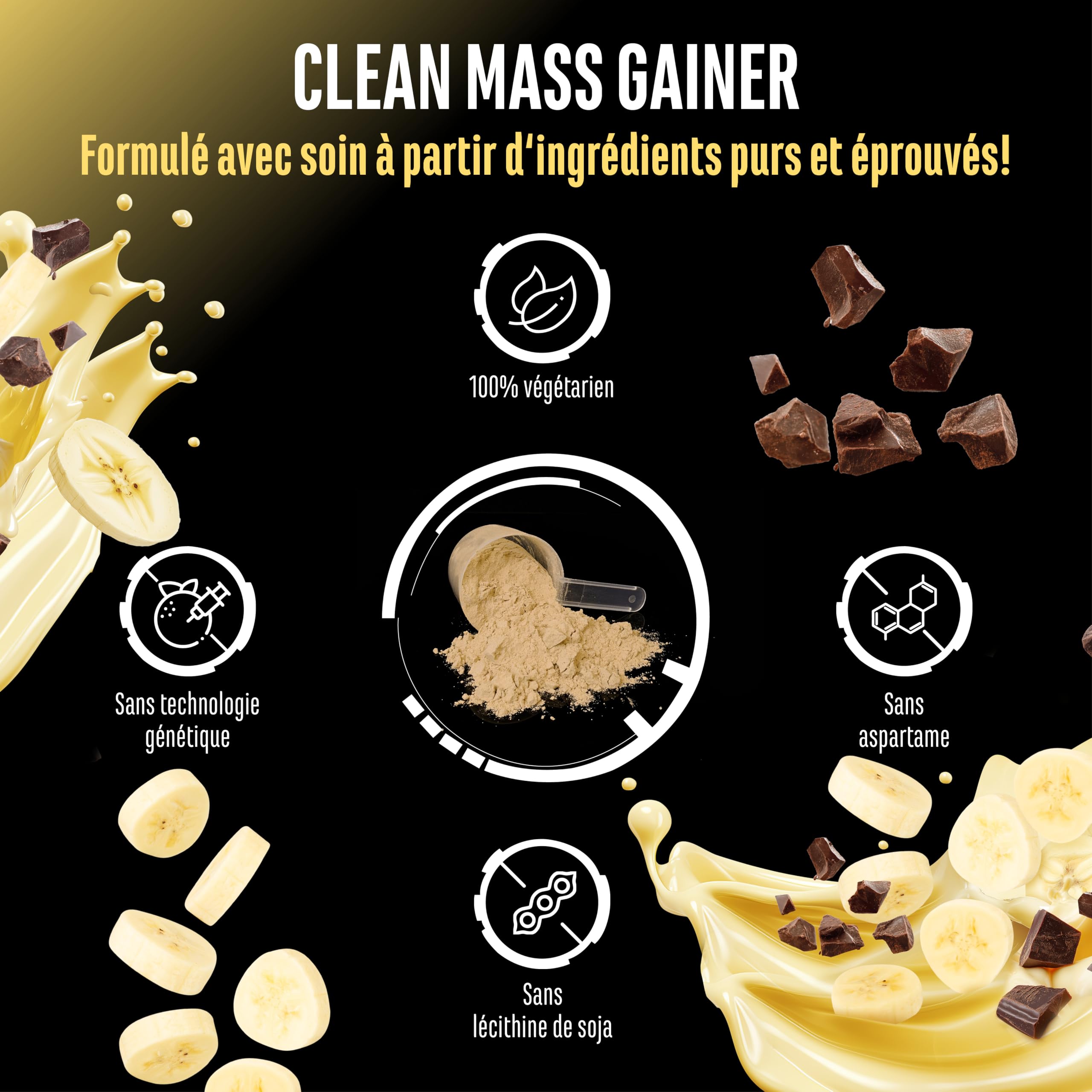 GEN GERMAN ELITE NUTRITION Clean Weight Gainer - 3 kg | Saveur Banana Split - Pour la Prise de Masse et de Poids - Glucides & Protéines - Végétarien