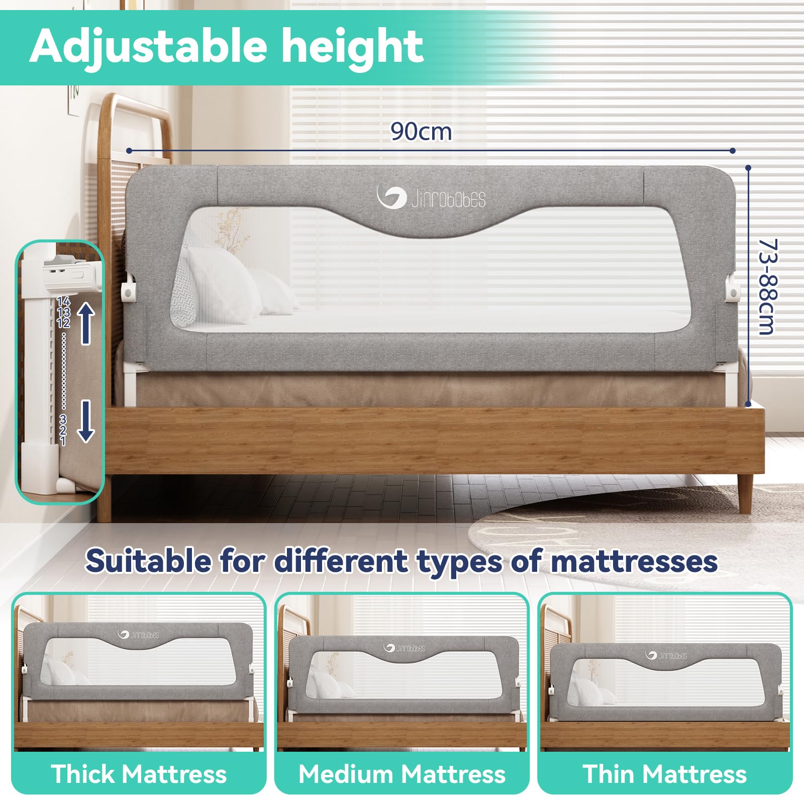 Barrière de lit pour lit king size, hauteurs réglables et rail de lit pliable pour bébés et enfants (90 cm)