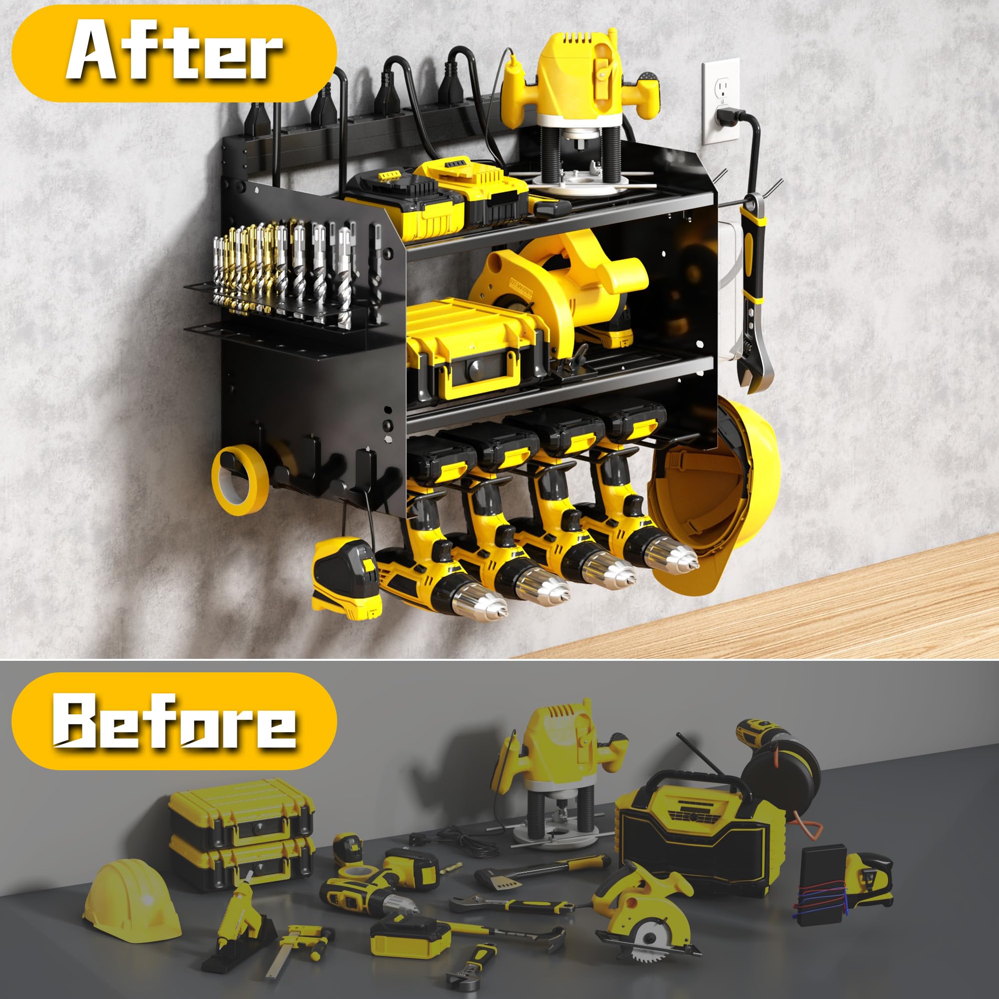 Support mural large pour outils électriques avec station de charge, 3 couches réglables et robustes avec multiprise à 8 prises pour outils sans fil, support utilitaire adapté pour garage (noir
