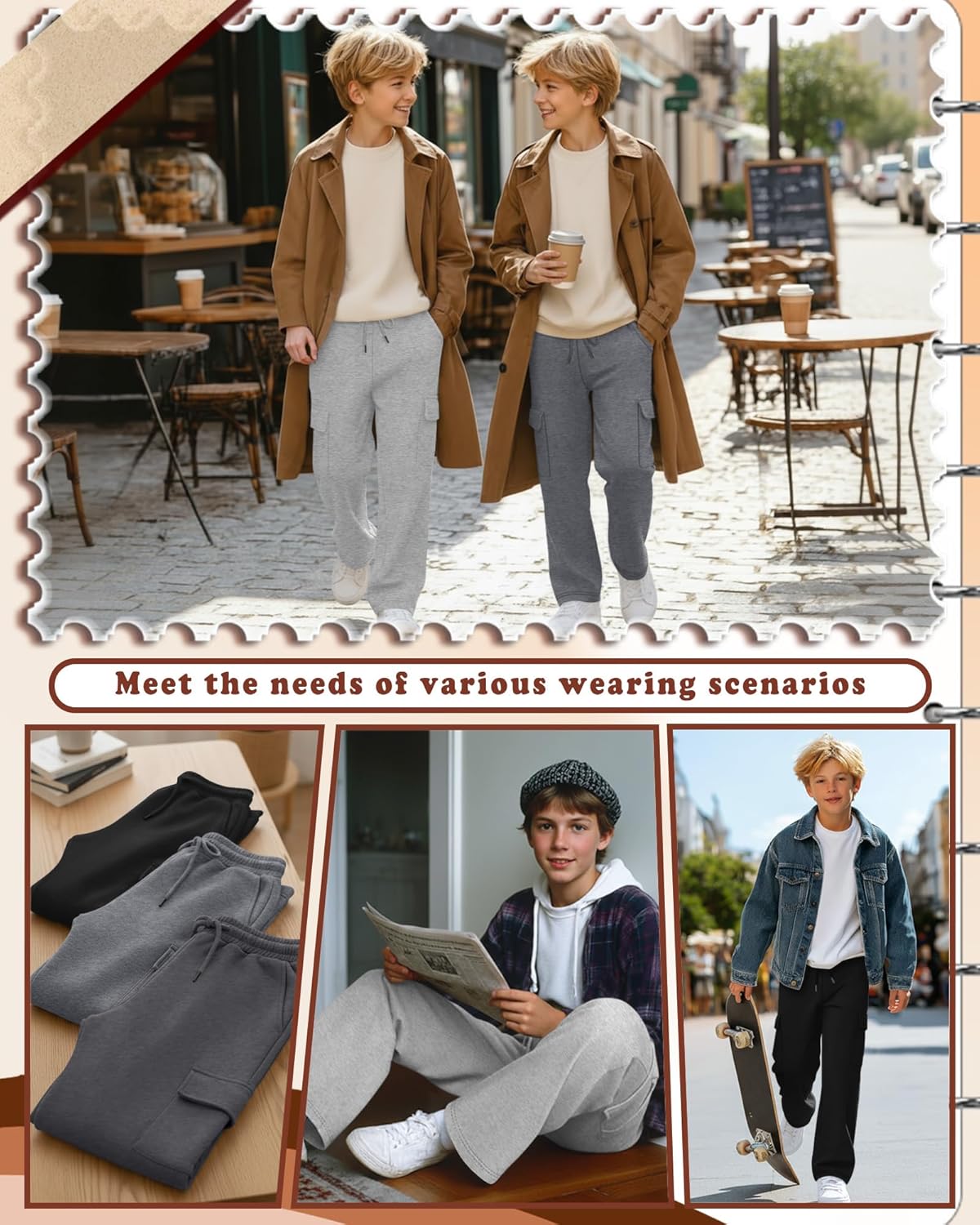 4 Pack Boys' Cargo Sweatpants Elastic Drawstring Open Bottom Active Pants Casual Workout Joggers with 4 Pockets - Image 5