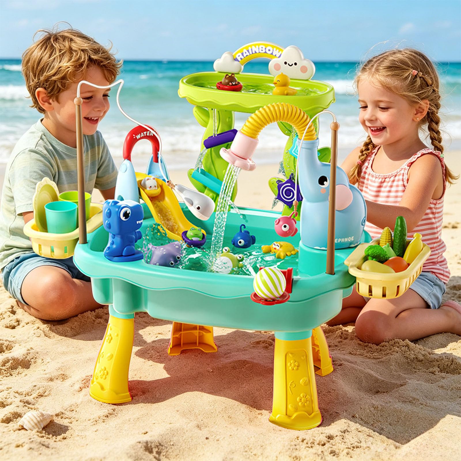 Generisch Wassertisch für Kinder Sand Wassertisch Spielzeug Großer Wassertisch Wasserspielzeug Rutsche und Angelspielen Outdoor Strandspieltisch Sinnesspielzeug für Jungen Mädchen