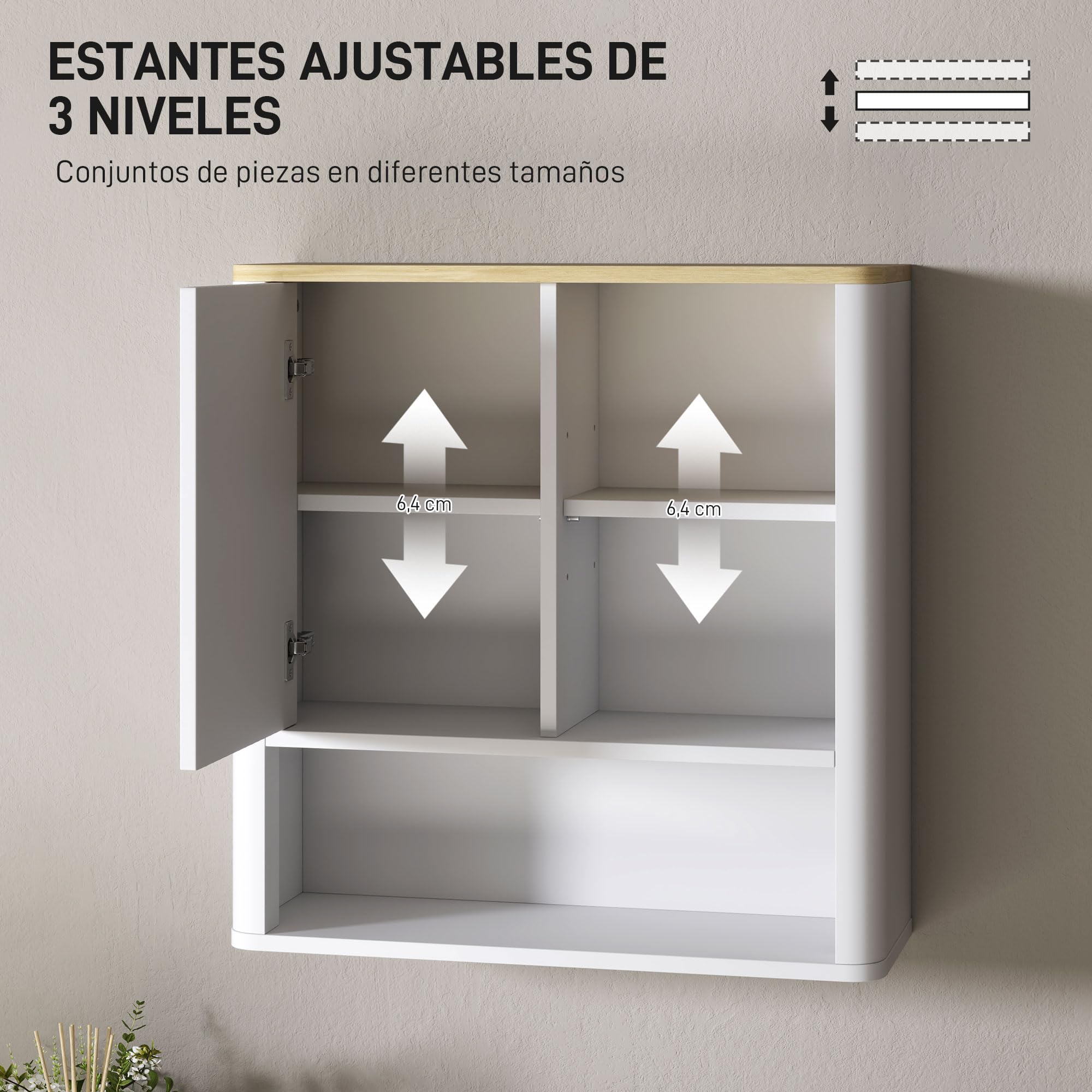 HOMCOM Armario de Baño de Pared Mueble de Baño Colgar con Estantes Ajustables Puerta Corredera Compartimentos y Diseño con Perfil Curvo 60x20x62 cm Blanco