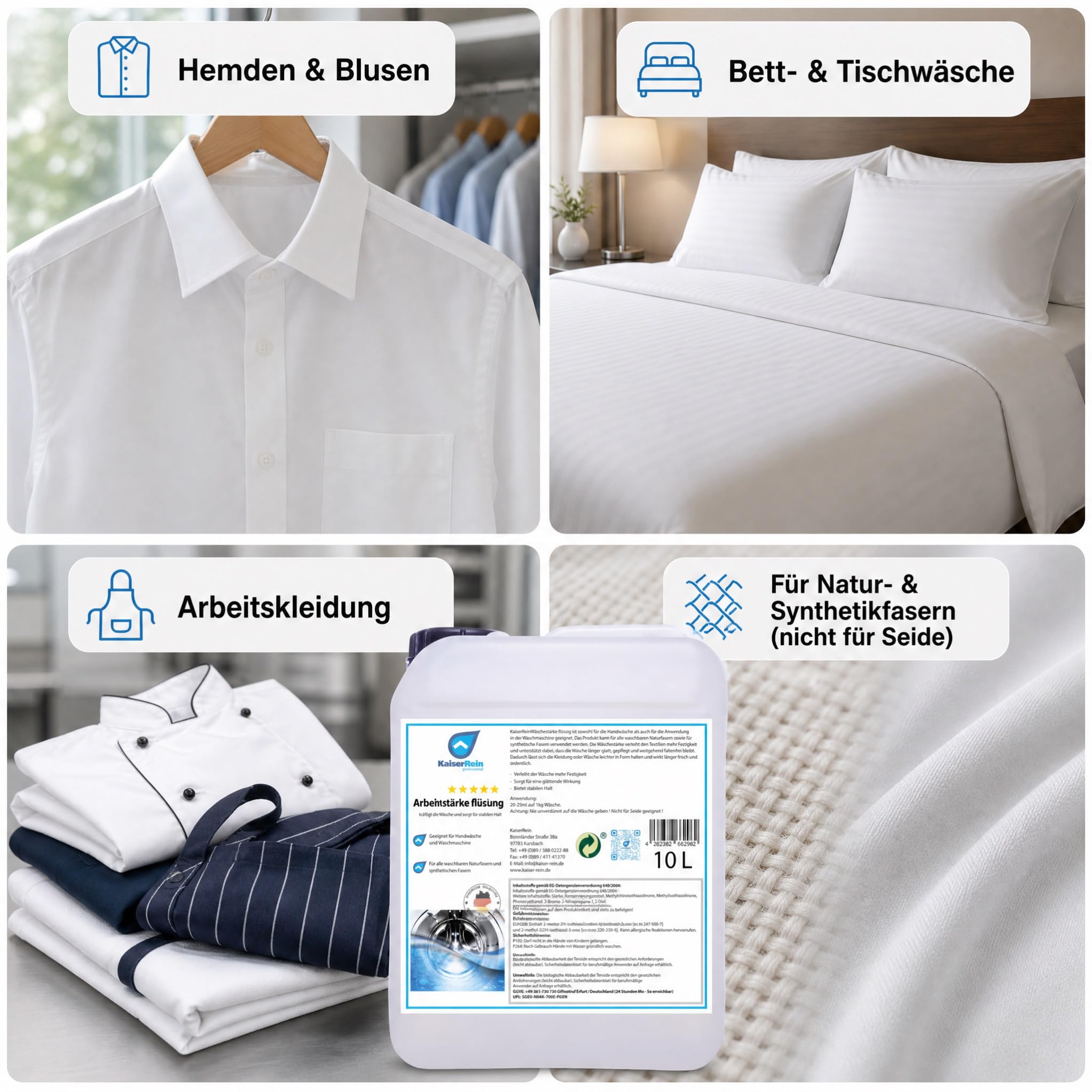 KaiserRein Wäschestärke flüssig 10 L, Wäschesteife für stabilen Halt & glattes Finish, Bügelstärke für Waschmaschine & Handwäsche, für Natur- & Synthetikfasern (nicht für Seide), dosierbar