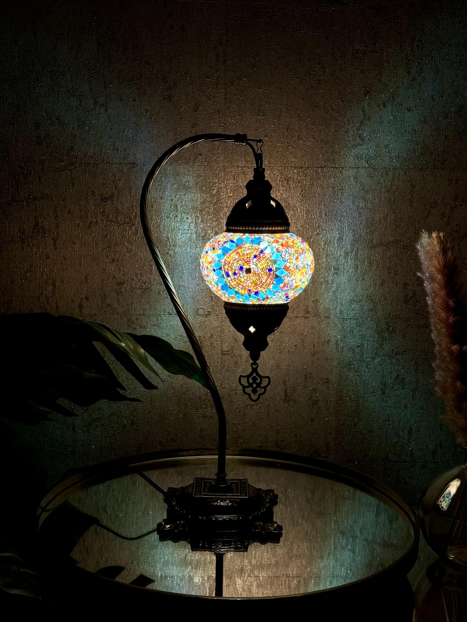 Lightza Handmade Turkish Moroccan Mosaic Desk Lamp LED Bulb | Swan Neck Unique Globe Lampshade Table Light | UK Tested Safe Energy Efficient (Golden & Blue Circle) โ image 1