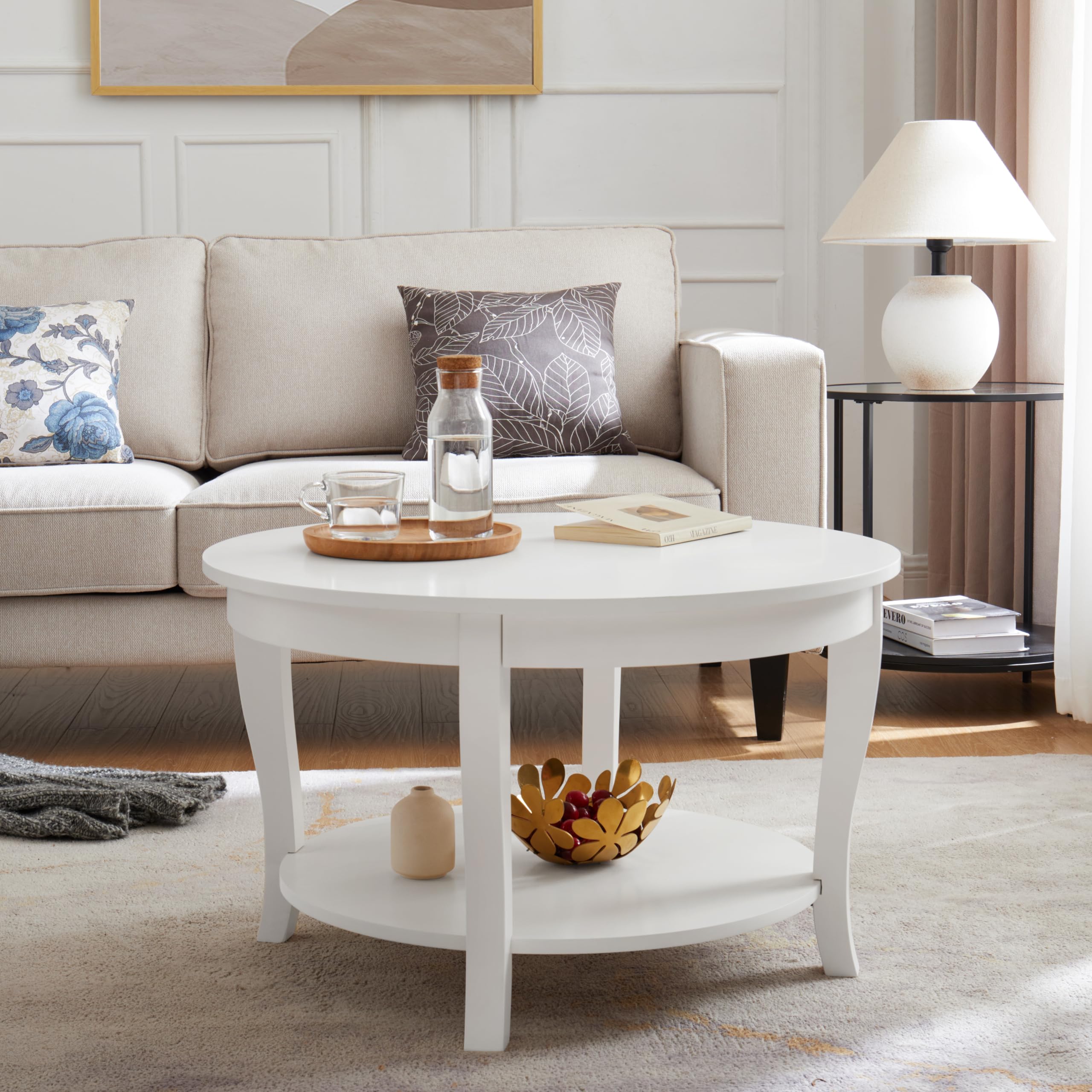 Modern Round Coffee Table, White Solid Wood and MDF, 30 Inch Diameter, Double Tier Storage Shelf, Traditional Style, Living Room Furniture
