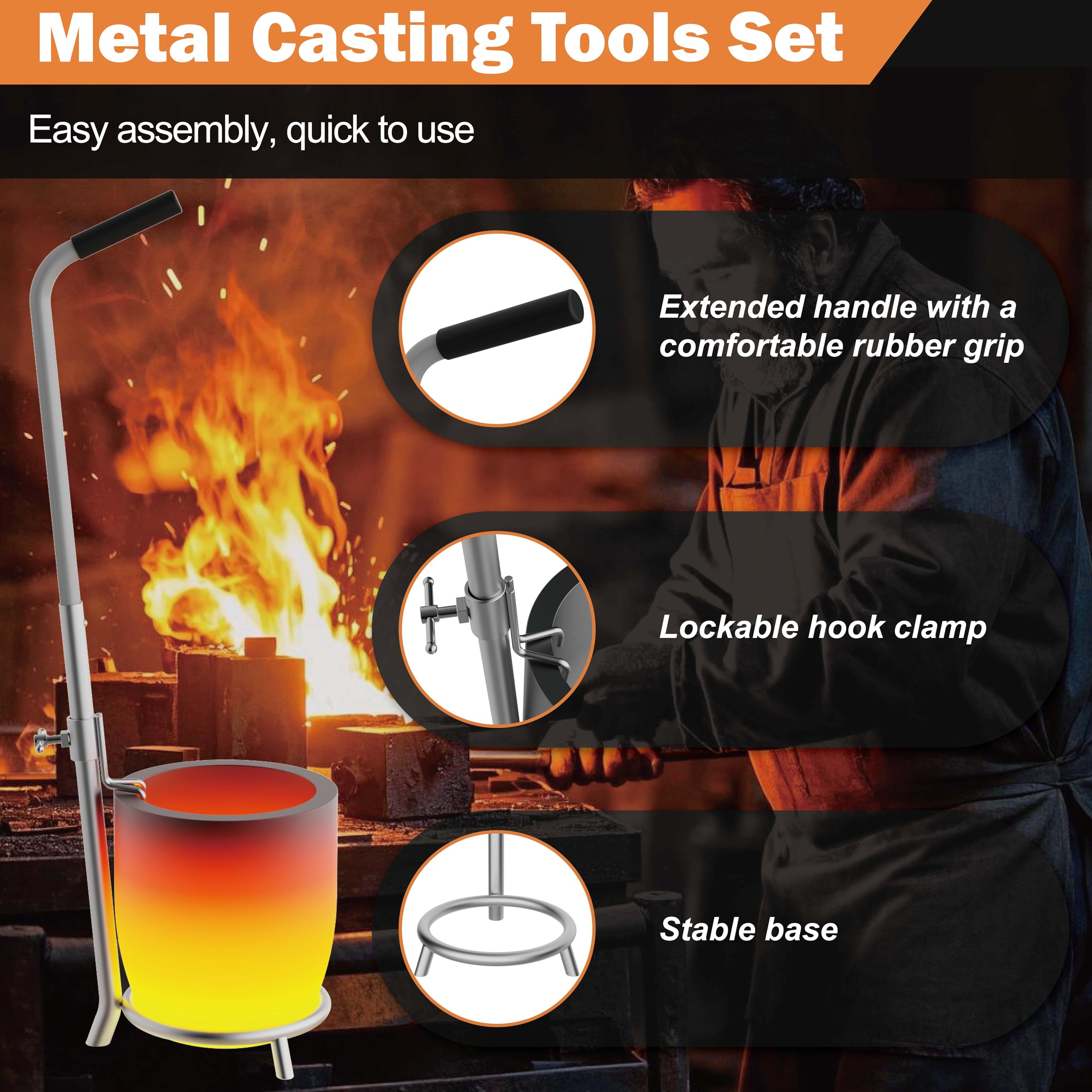 MMasters - Juego de pinzas de mano para crisol de 25 kg para fundir metal con un crisol de grafito de carburo de silicio, para fundir trabajos en horno, fundición de aluminio y cobre, herramientas de