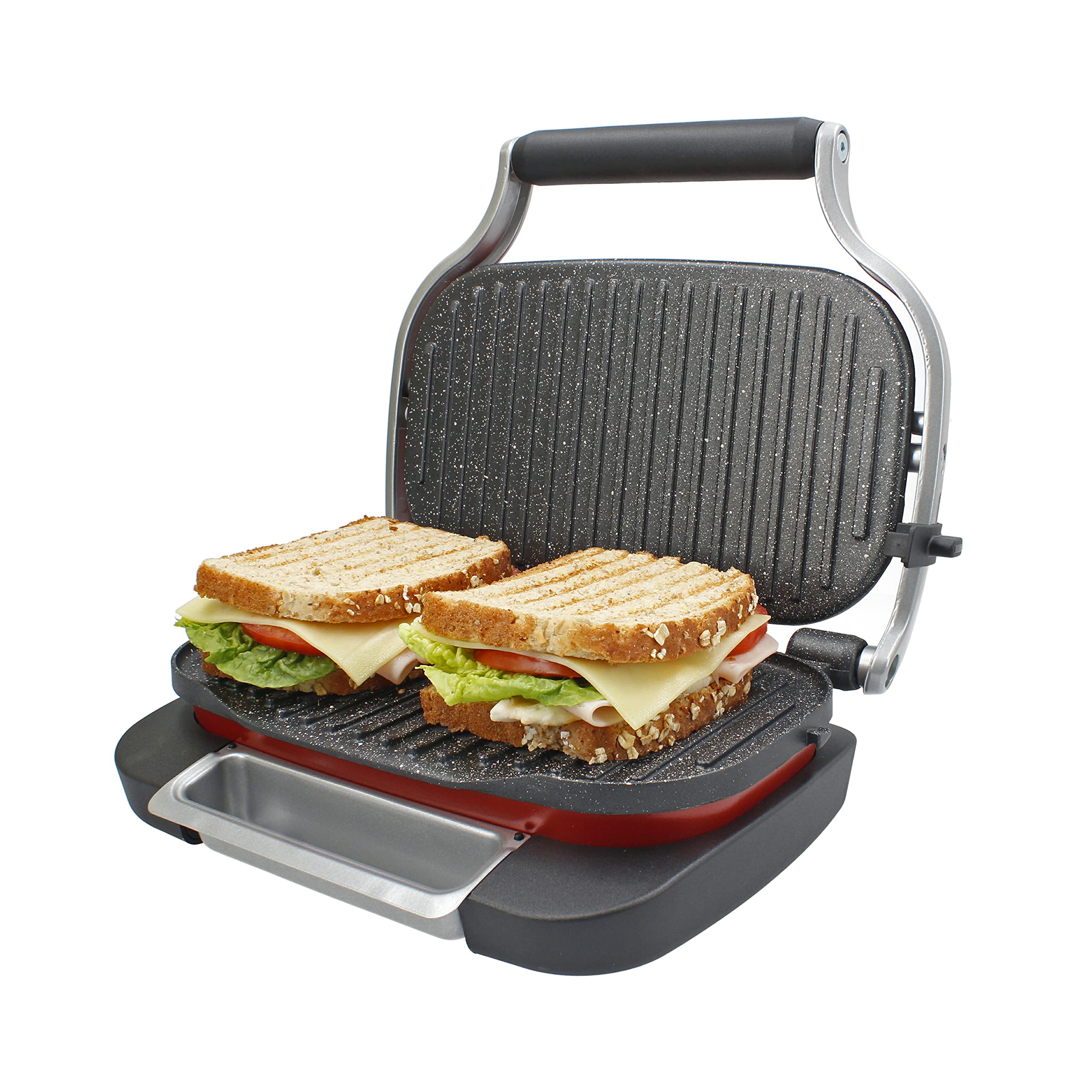 TM Electron TMPGR003RED grill eléctrico estilo retro, calentamiento rápido, revestimiento antiadherente de 5 capas, control de altura y temperatura, bandeja de residuos extraíble, 1300W